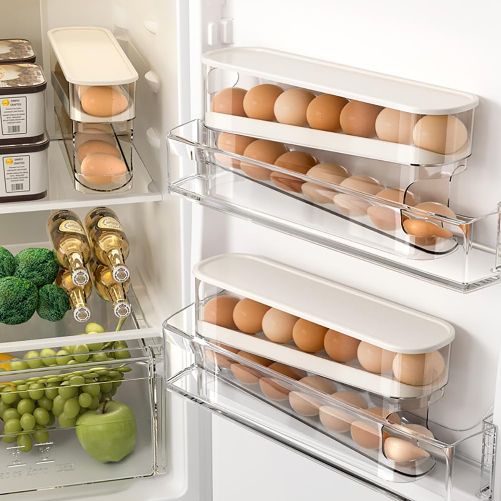 Egg Holder for Fridge, Automatic Rolling Egg Container for Refrigerator, Stackable Fridge Organizers and Storage with Lid, Clear Plastic Egg Dispenser & Tray 2pack