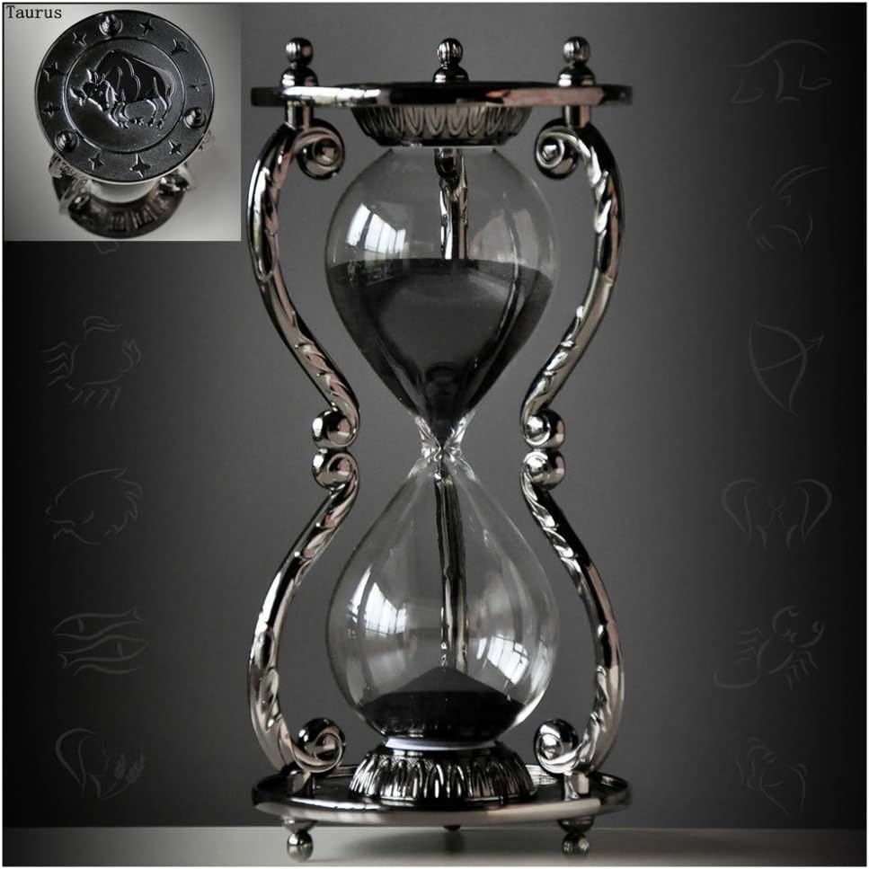 Black Antique Decorative Hourglass Sand Timer - 30 Minute, Unique Vintage 12 Constellations Metal Art Hour Glass for Office Desk Home Decor - Birthday Gift,Taurus