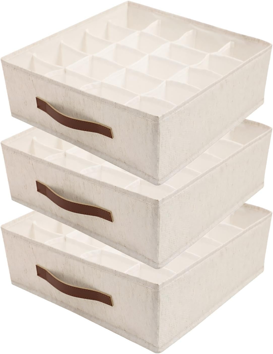 3-Pack Underwear Drawer Organizers for Closet, 60 Cells Foldable Wardrobe Storage Organizer for Socks Scarf Tie Belt, Off-White