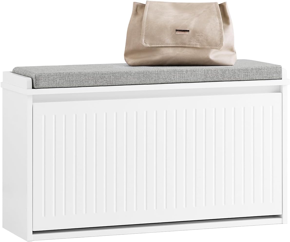 SoBuy White Shoe Bench with Padded Seat Cushion, Narrow Shoe Storage Cabinet with Flip Down Drawer, Entryway Storage Bench with Adjustable Shelves FSR98-L-W