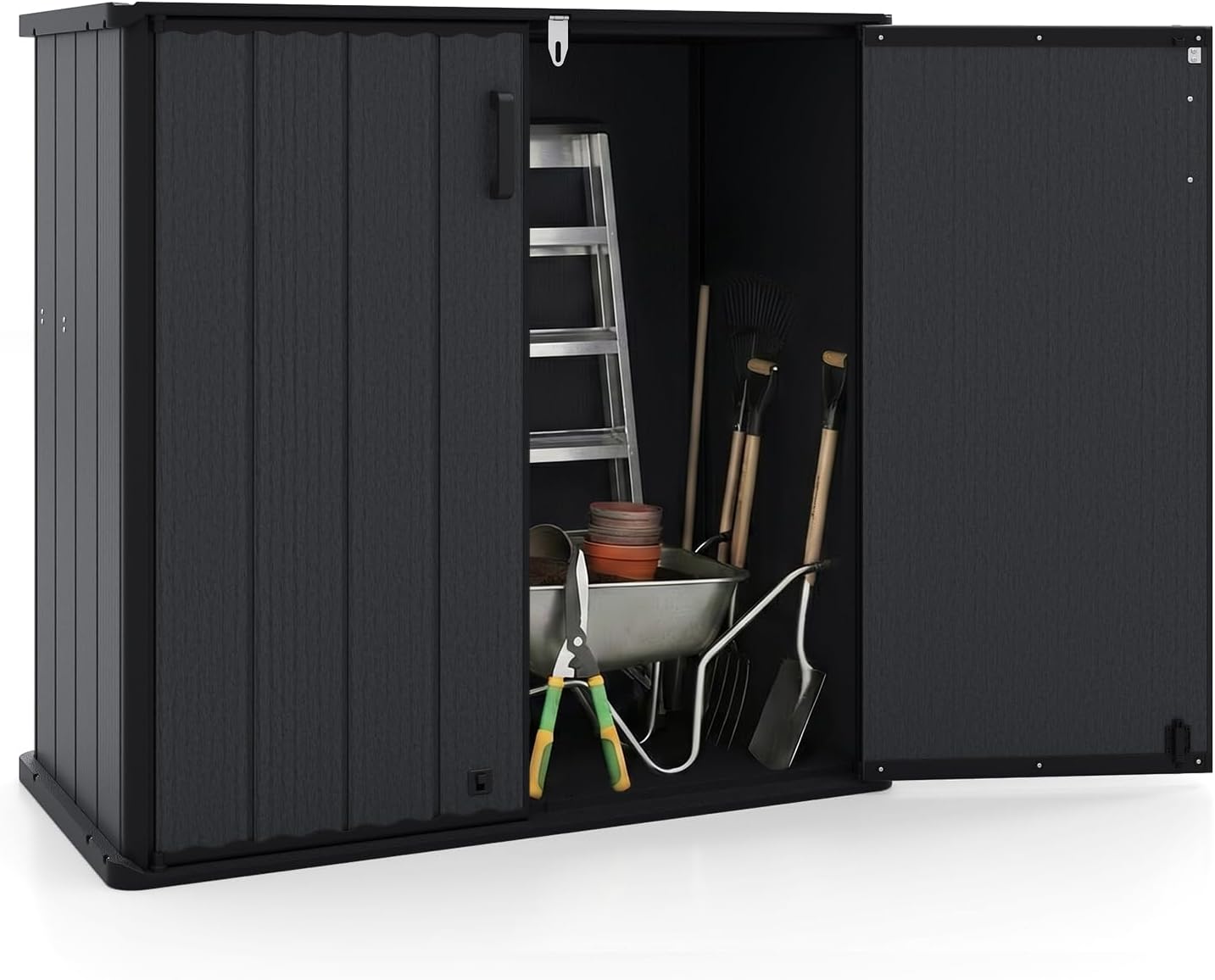 Costway Outdoor Storage Shed, 665L All-Weather Storage Box w/Floor, Lockable Door and Grooved Roof, Waterproof Horizontal Garden Too Shed, Workshop House Shelter for Backyard, Patio, Poolside (Black)