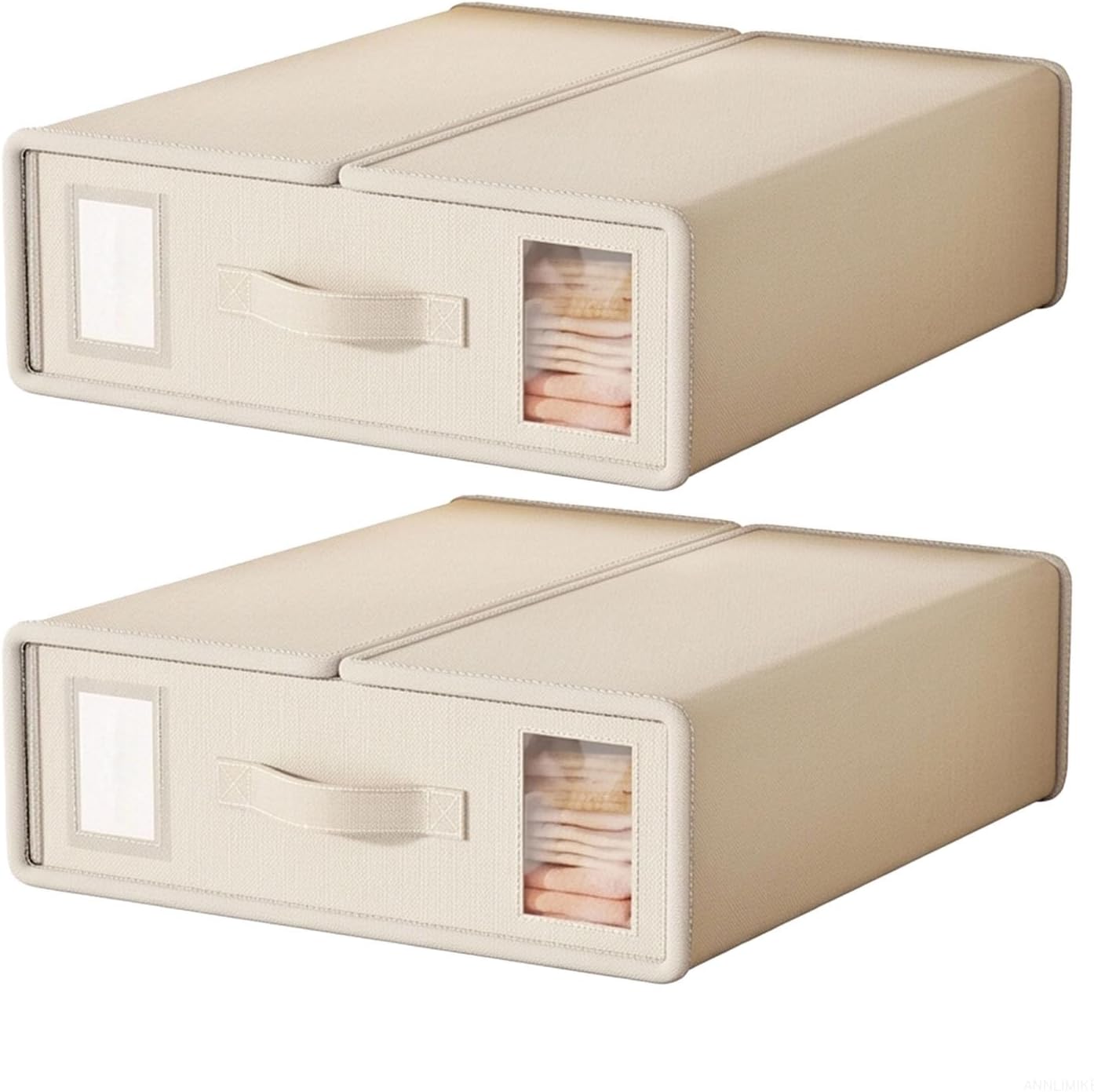 Bed Sheet Storage Organizer 2 Pack, Foldable Linen Fabric Closet Organizer with Window, Cube Storage Box for Sheets, Pillowcases, Duvets, Bedding Storage, Beige, Durable & Space-Saving 38*32*11.5 CM