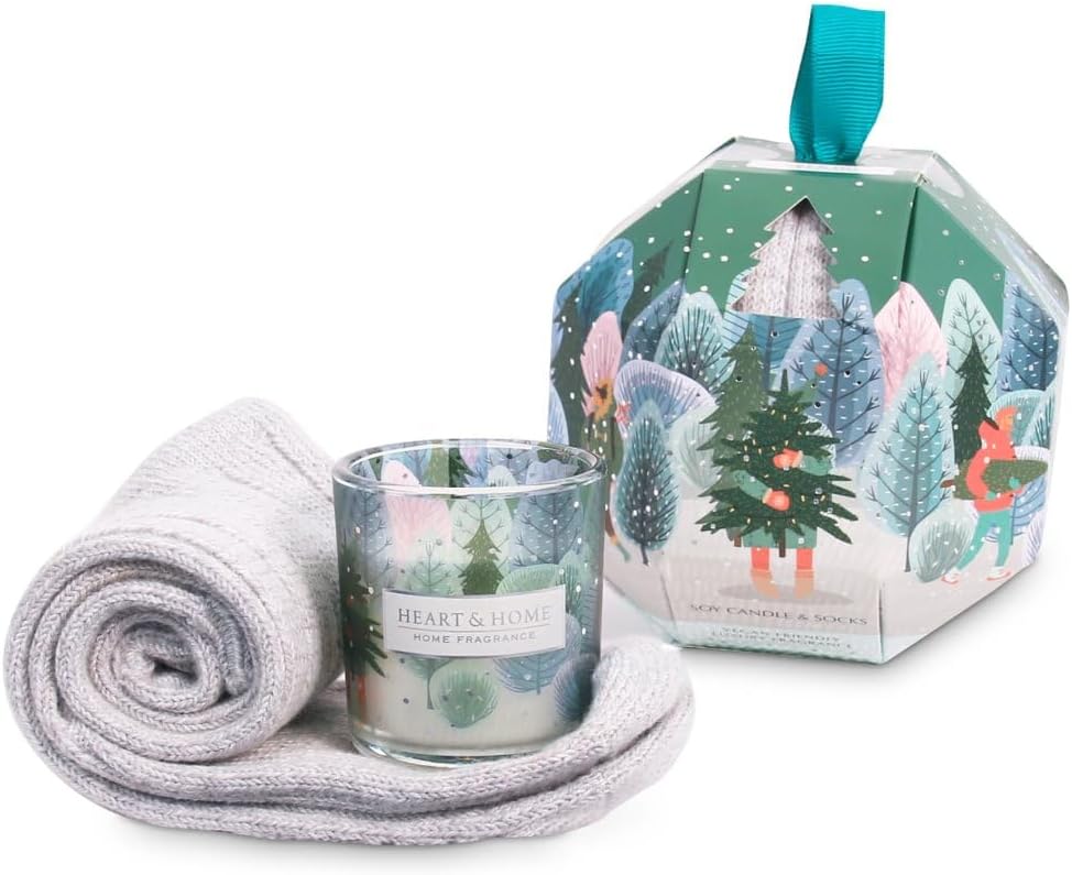 Heart & Home Candle and Socks Gift Set - Vegan Friendly Soy Blend - Soft Warm Socks for Christmas Gifting and Home Fragrance
