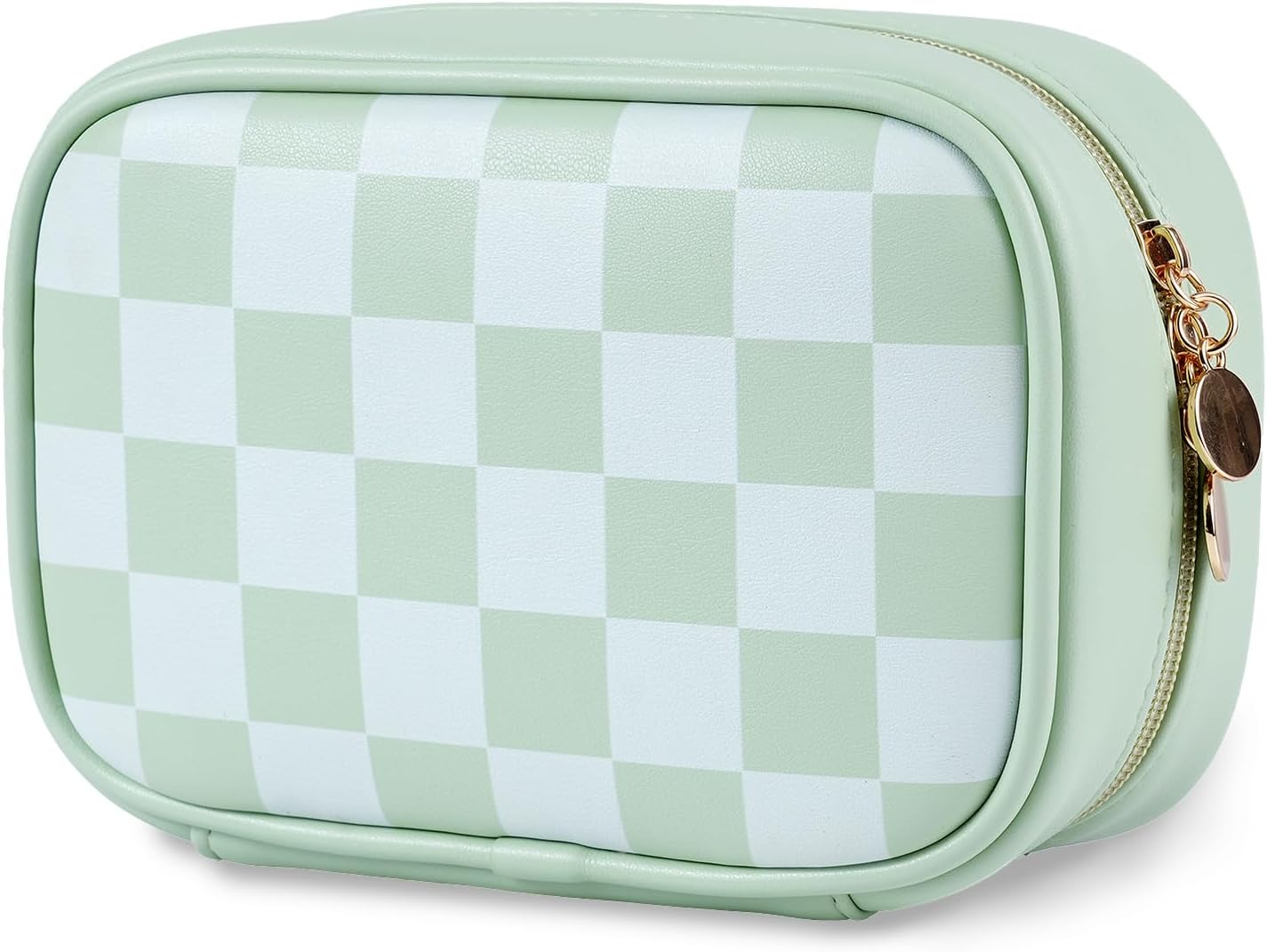Makeup Bag for Women Travel,Small Cosmetic Bag for Girl,Checkered Make up Bag organizer for Purse,Cute & Waterproof Leather Makeup Bags with Multiple Compartments (GREEN, SMALL)