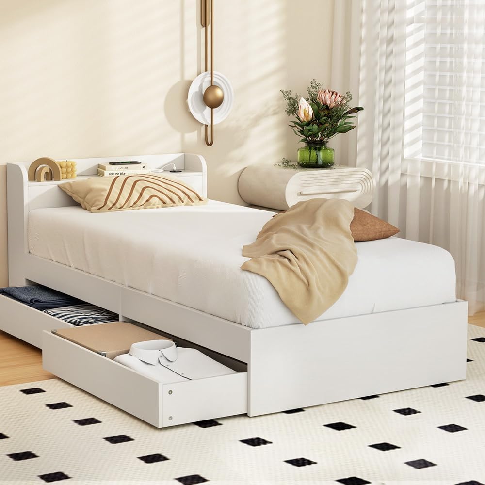 Artiss Single Bed Frame with Storage Headboard, Wooden Bed Base with 2 Storage Drawers, Solid Platform Bedframe with Charger, No Box Spring Needed for Guest Room, Bedroom Furniture, Easy Assembly