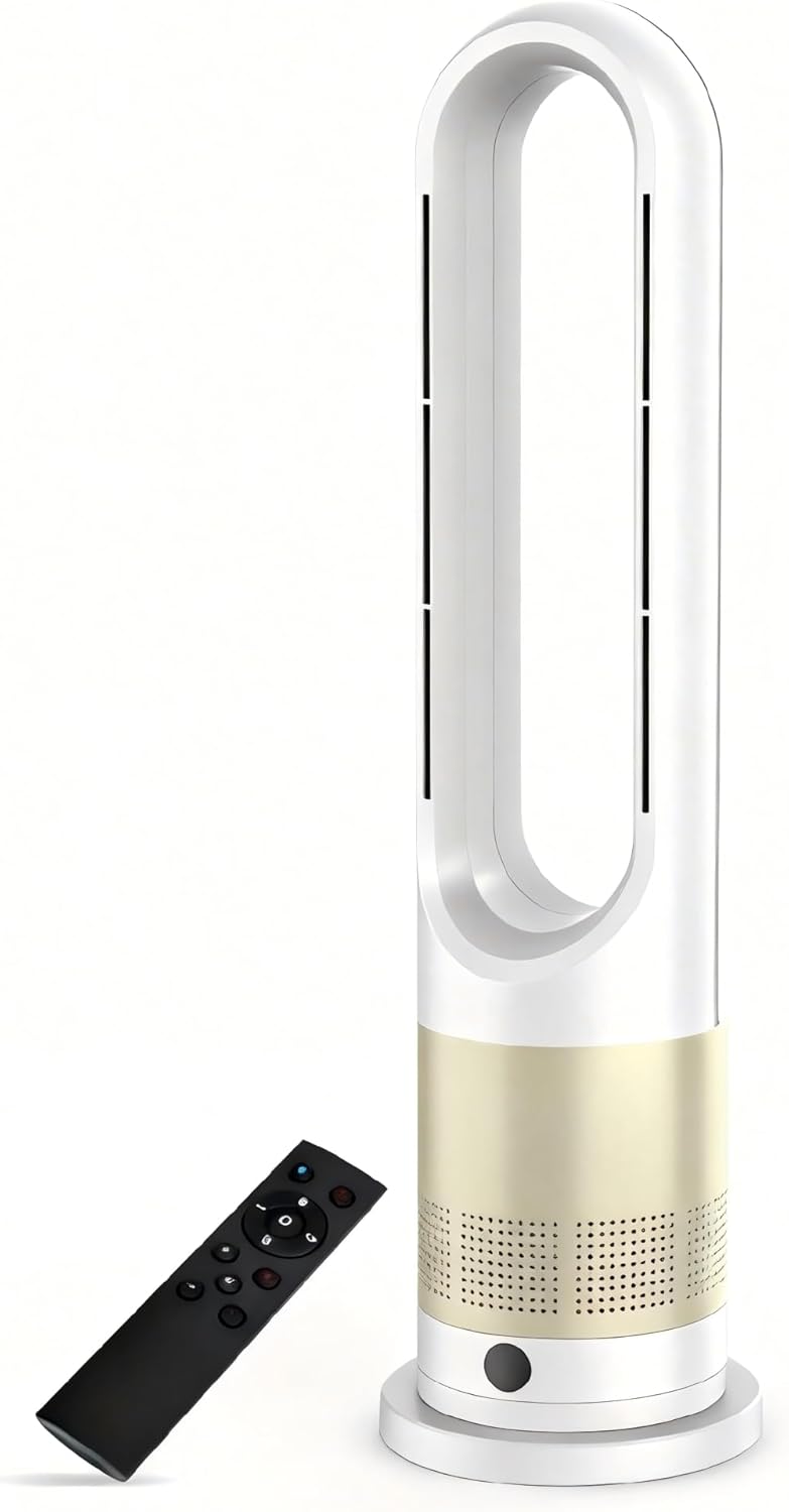 Advwin 2 in 1 Bladeless Tower Fan Heater Cooler Fan, with 8 Cold Wind+3 Hot Wind Speed, 9H Timer, Remote & LED Touch Control Portable Oscillation Fan for Bedroom Office Use, Golden