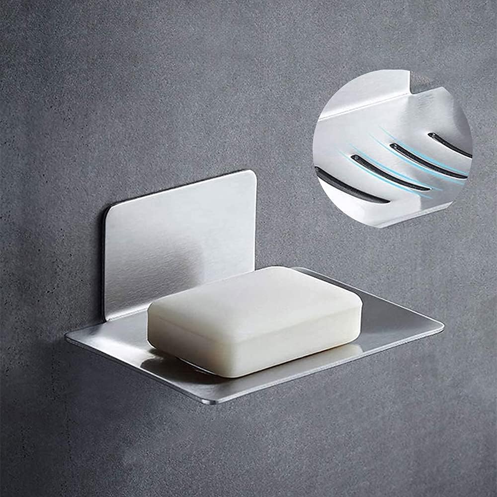Soap Holder No Drilling Stainless Steel Self-Adhesive Silver Stainless Steel Toilet Soap Dish Hotel Bathroom Aluminium Soap-Free Perforated Shelf Wall Hanger Soap Holder + 3M Strong Sponge Foam Adhesive