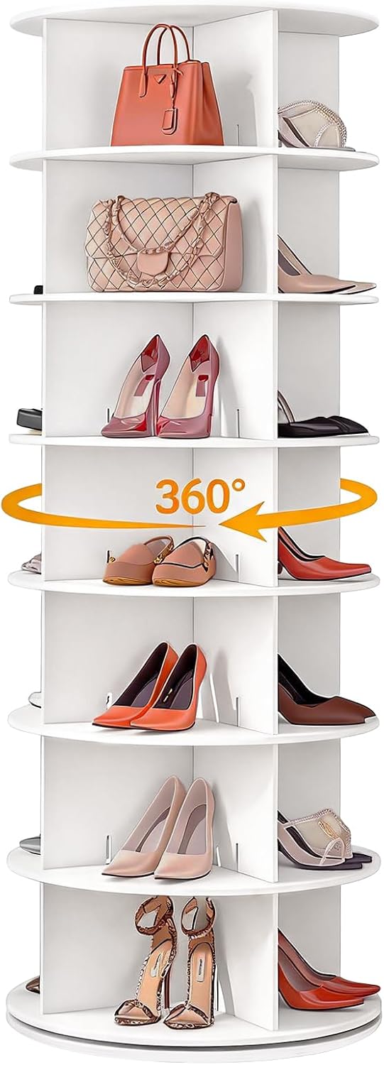 7 Tier Rotating Shoe Rack Tower, 360° Revolving Shoe Display Rack, Free Standing Shoe Organizer Lazy Susan, Bag Display Rack Storage Round Carousel for Entryway Hallway Living Room