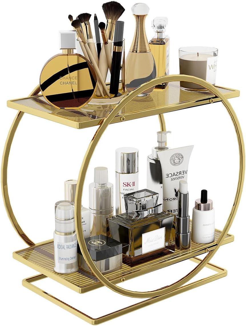 AIMALL 2-Tier Cosmetics Storage Box, Elegant Metal and Acrylic Organizer for Makeup and Skincare, Rotatable Design, 11 x 6.1 x 11.2 inches