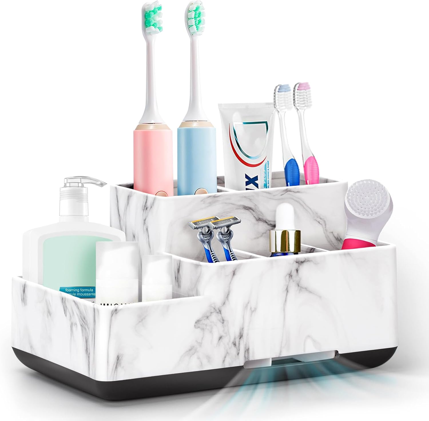 Toothbrush Holder with Anti-Slip,Bathroom Organizer Countertop Detachable for Easy Cleaning, Multifunctional Storage,Bathroom Caddy for Toothpaste (White Marble)