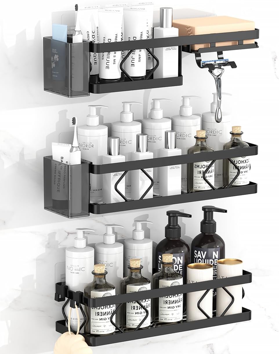 Shower Caddy Bathroom Organiser Rustproof Stainless Steel, Wall-Mounted Shower Shelf with 6 Hooks and Soap Holder for Bathroom Shelf,Large Capacity Adhesive Shelf(Black, 5 Pack)