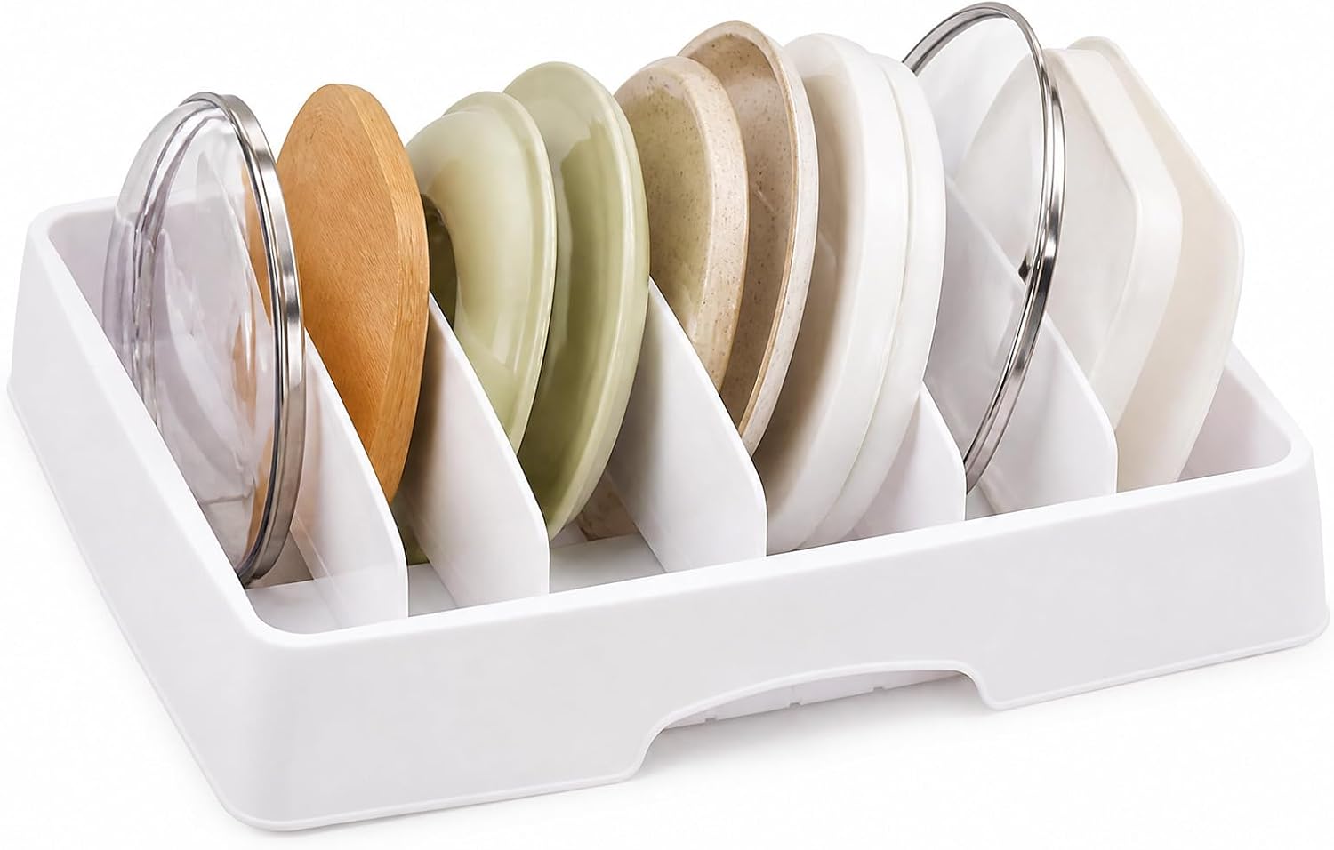 Food Container Lid Organizer for Kitchen Cabinet Storage, Cutlery Storage Container, Adjustable Divider Lid Rack with 6 Sections, 32x25.8x8 cm, Fits Plastic & Silicone Lids, Bowl, Plate