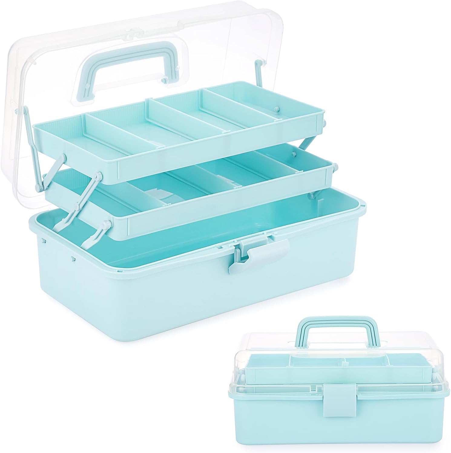 Craft Storage, 33 x 20 x 14.5 cm 3 Layer Organiser Box with Handle, Multipurpose with Adjustable Dividers, Portable Folding for Tool Sewing Organizer, Blue, Craft Storage Box, Blue