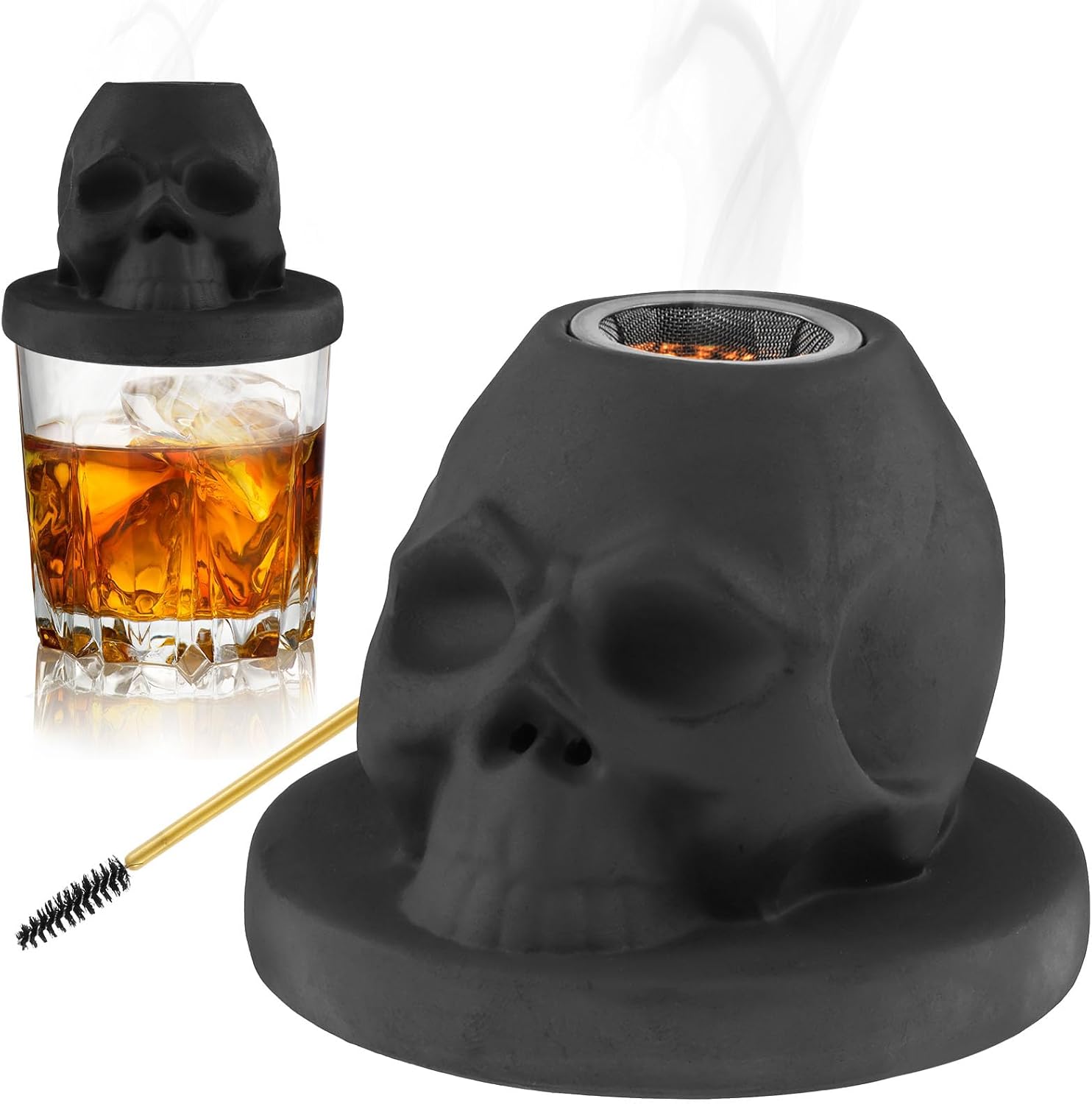 Ceramic Cocktail Smoker Kit, Black Skull Whiskey Smoker Infuser for Drinks, Wine & Food, Handmade Old Fashioned Smoker for Glass, Unique Bar Accessories & Birthday Gifts for Men Dad