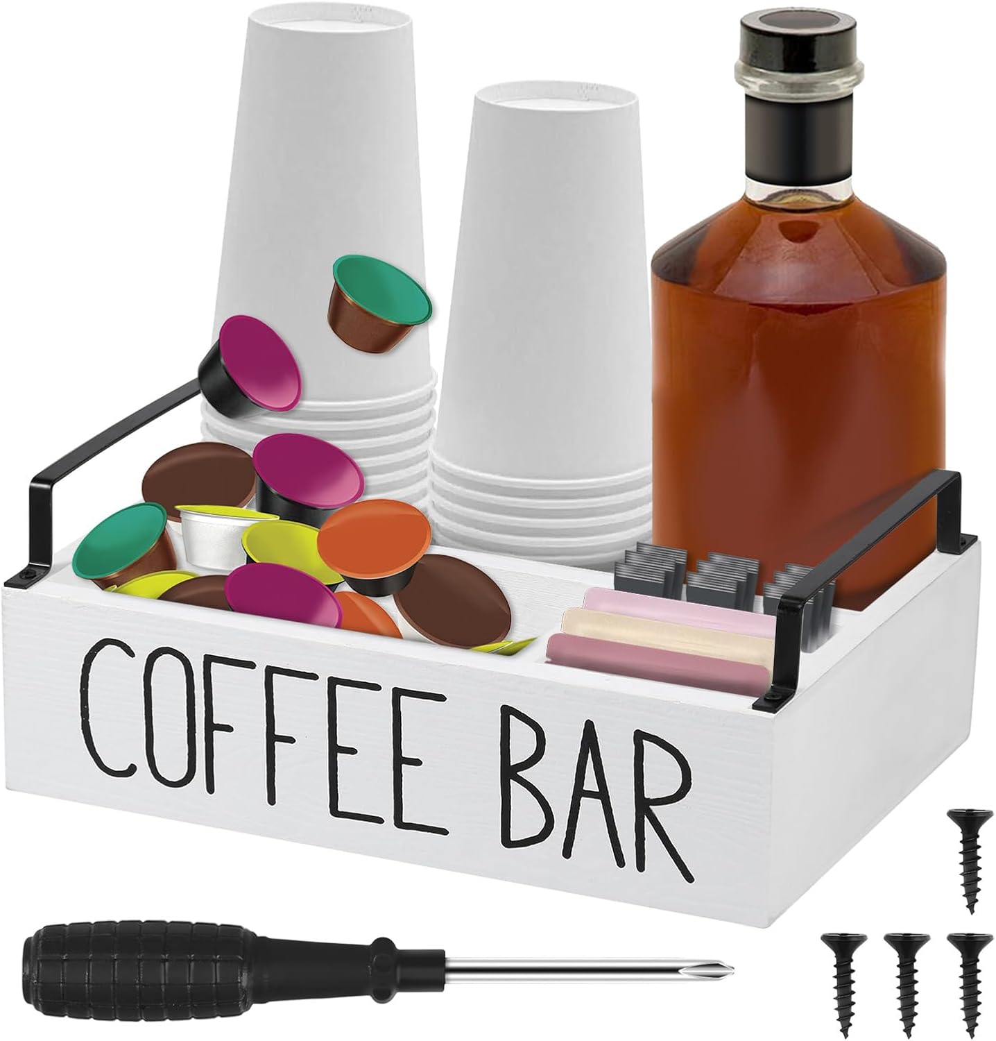 Coffee Station Organizer for Counter, 4 Compartments Coffee Bar Accessories Organizer with 2 Handles, Wood Coffee Pods Holder Storage Basket, Coffee and Tea Condiment Organizer for Bar Decor (White)