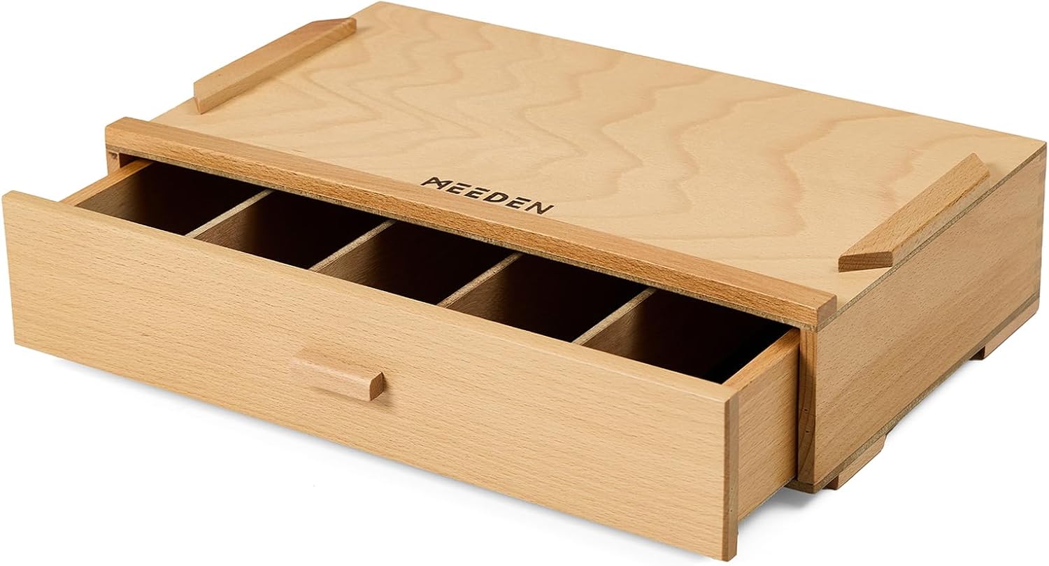 MEEDEN Artist Supply Organizer Box: 1-Tier Solid Beech Wood Art Box for Artist Supplies with Removable Dividers-Tool Storage Painting Supply Drawer Box