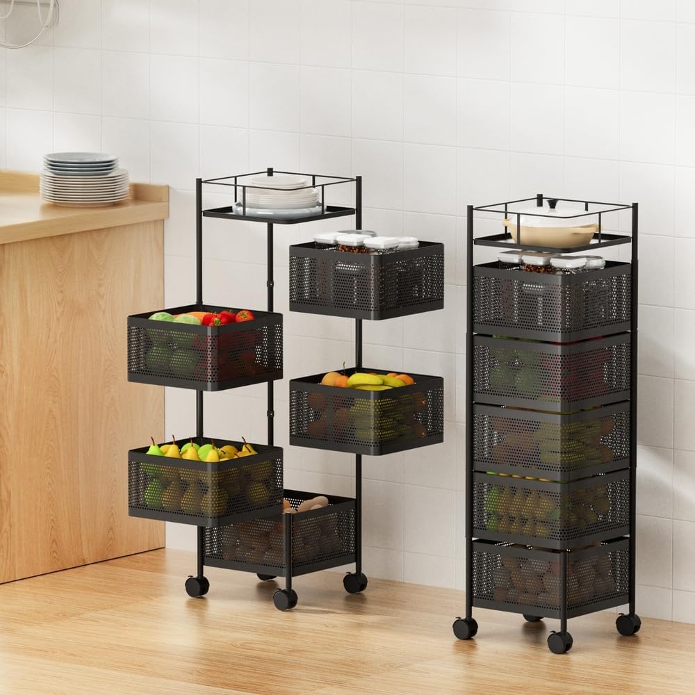 Artiss 5 Tiers Kitchen Trolley Storage Cart with Rolling Brake Wheels, Rotating Metal Storage Rack, Space-Saving Mobile Shelving Unit for Home Kitchen Living Room Bathroom Bedroom Black