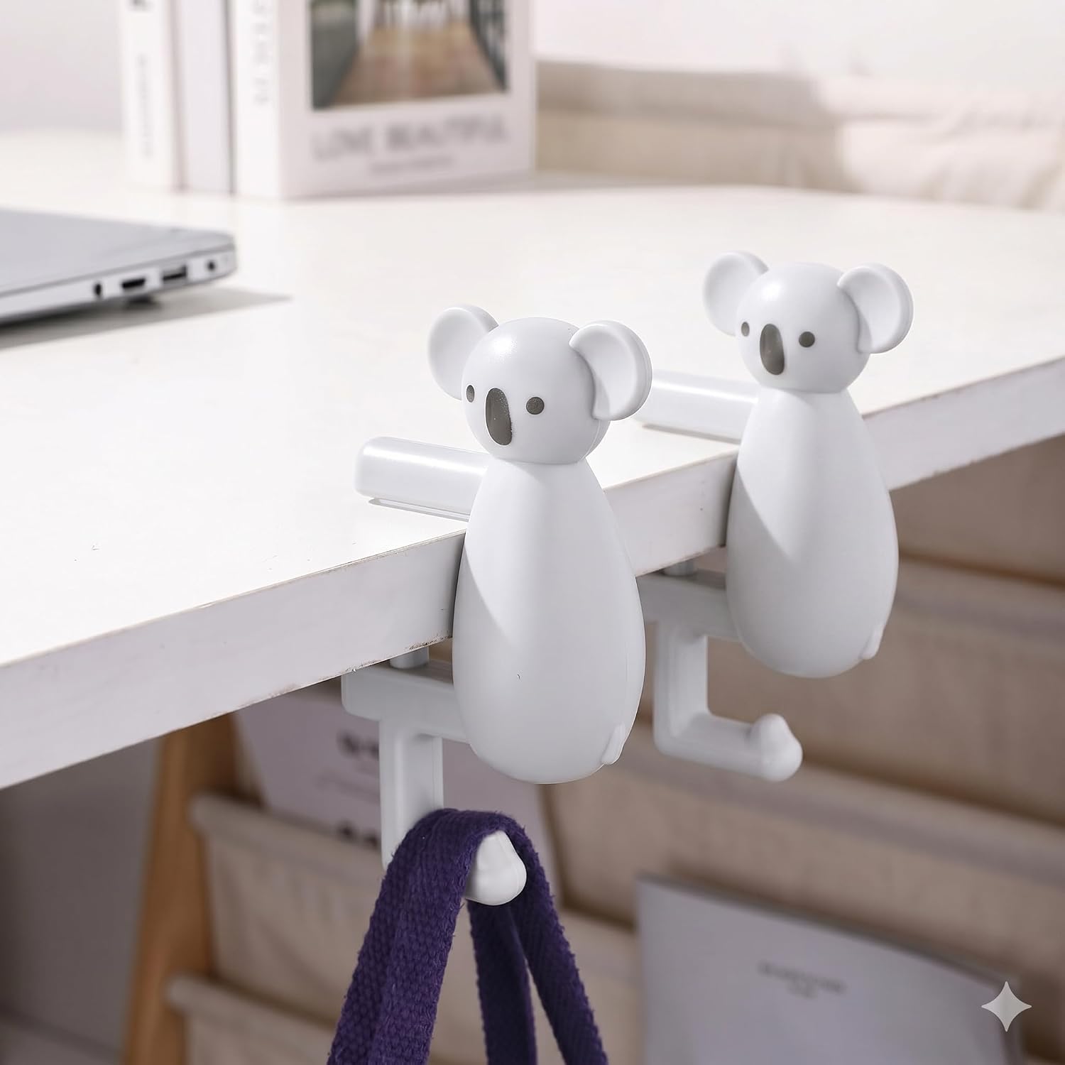 Cute Koala Purse Hook for Desk, Heavy Duty 22 Lbs Bag Hanger for Table, No Drill Anti-Slip Under Desk Hook Organizer for Backpack & Headphones, Aesthetic Office Accessories Gift (White-2Pack)