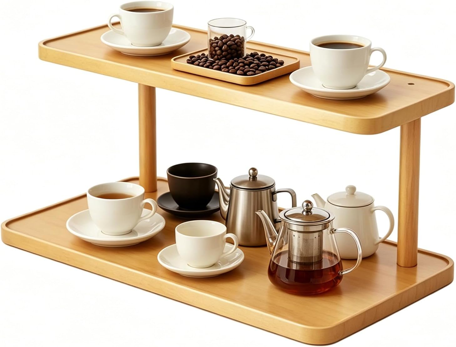 Coffee Shelf,Coffee Matcha Station,2 Tier Bamboo Desktop Shelfs for Mugs, Cups, and Condiments,Mug Shelf Stand for Kitchen, Home, Office