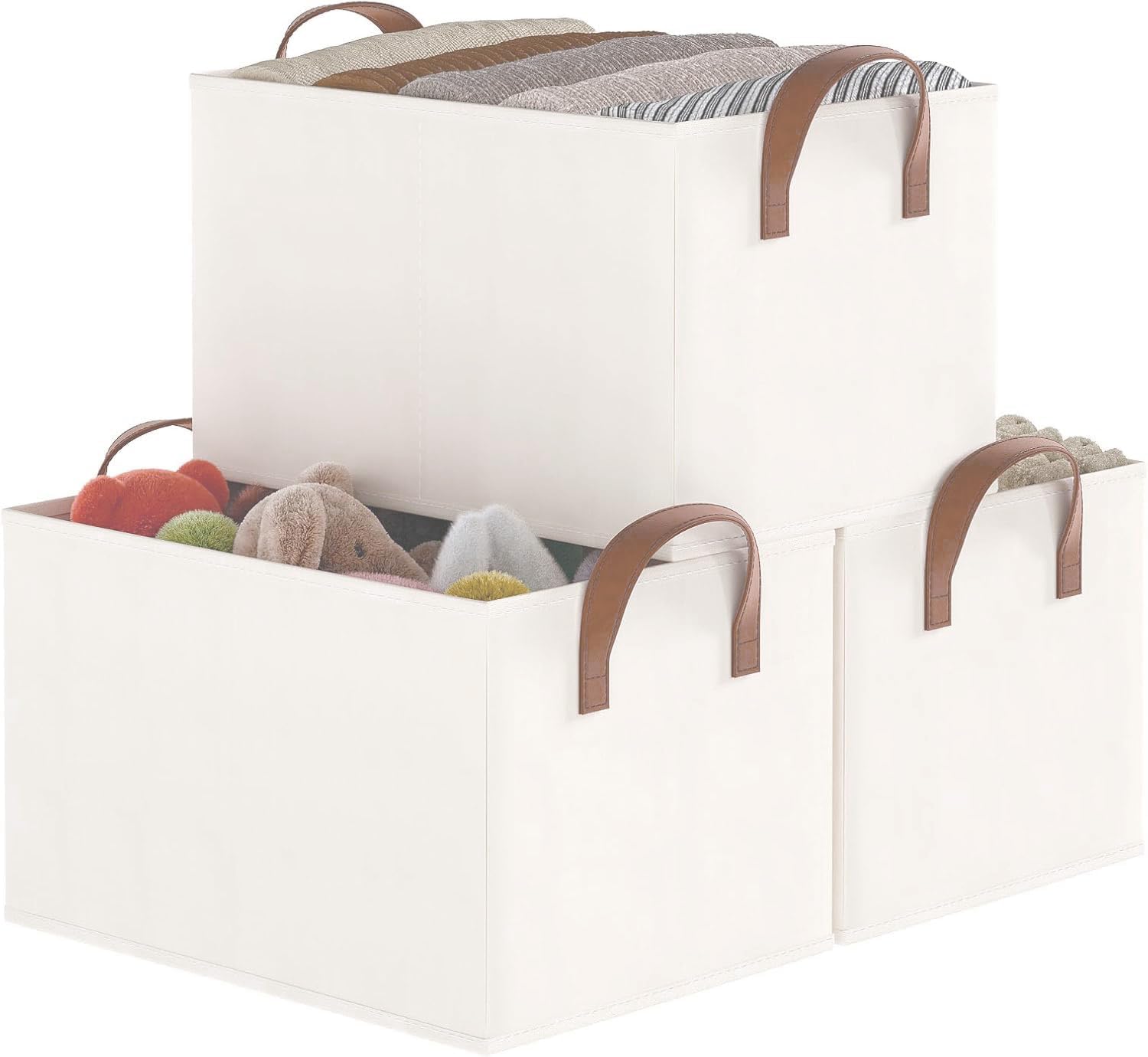 Storage Bins for Shelves 47*28*20cm, 3-Pack Storage Baskets for Closet, Large Linen Organizers and Storage Bins for Bedroom, Collapsible Baskets and Bins with Handles, Beige