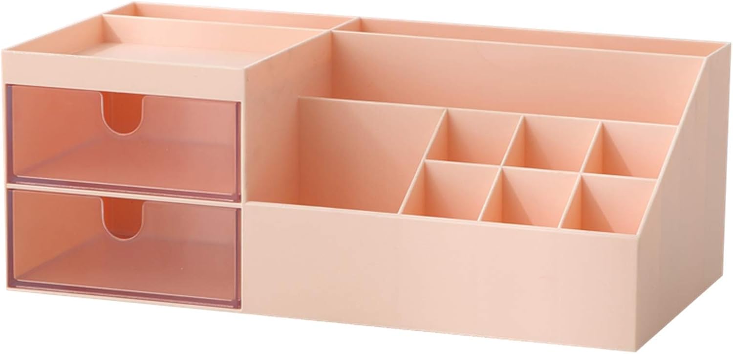Marknor Pink Makeup Organizer, 10 Compartments & 2 Drawers, Minimalist Desktop Storage for Cosmetics & Office Supplies