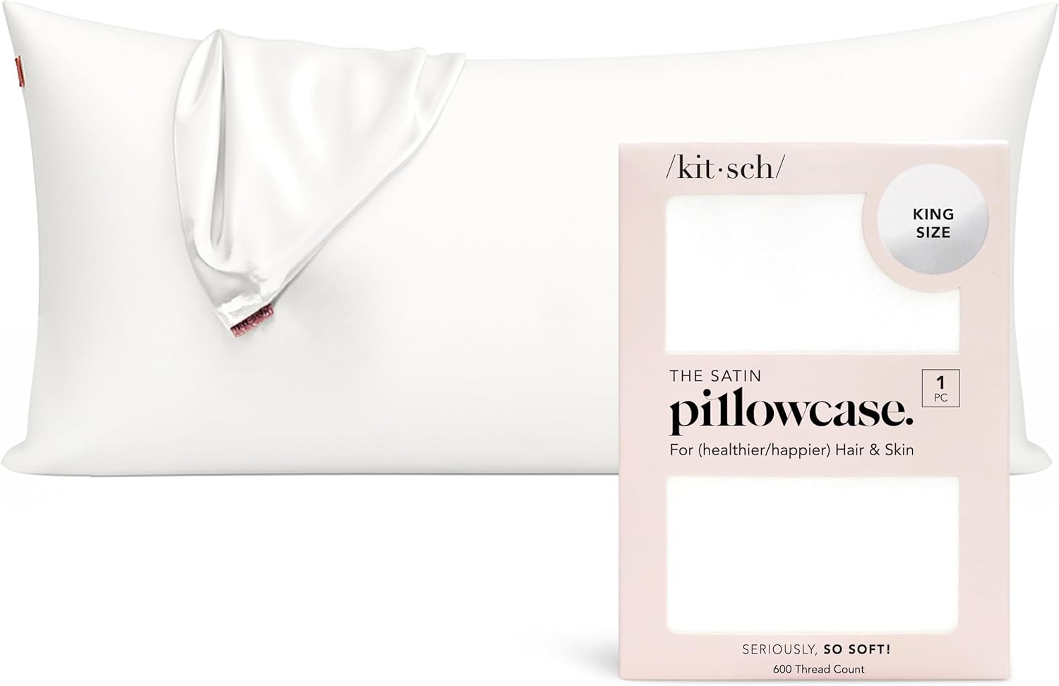 Kitsch Satin Pillowcase with Zipper for Hair and Skin - Softer Than Silk Pillow Cases, Cooling Pillow Cover, Machine Washable, Wrinkle-Free, Smooth Satin Pillow Case - King Size (19x36) - Ivory