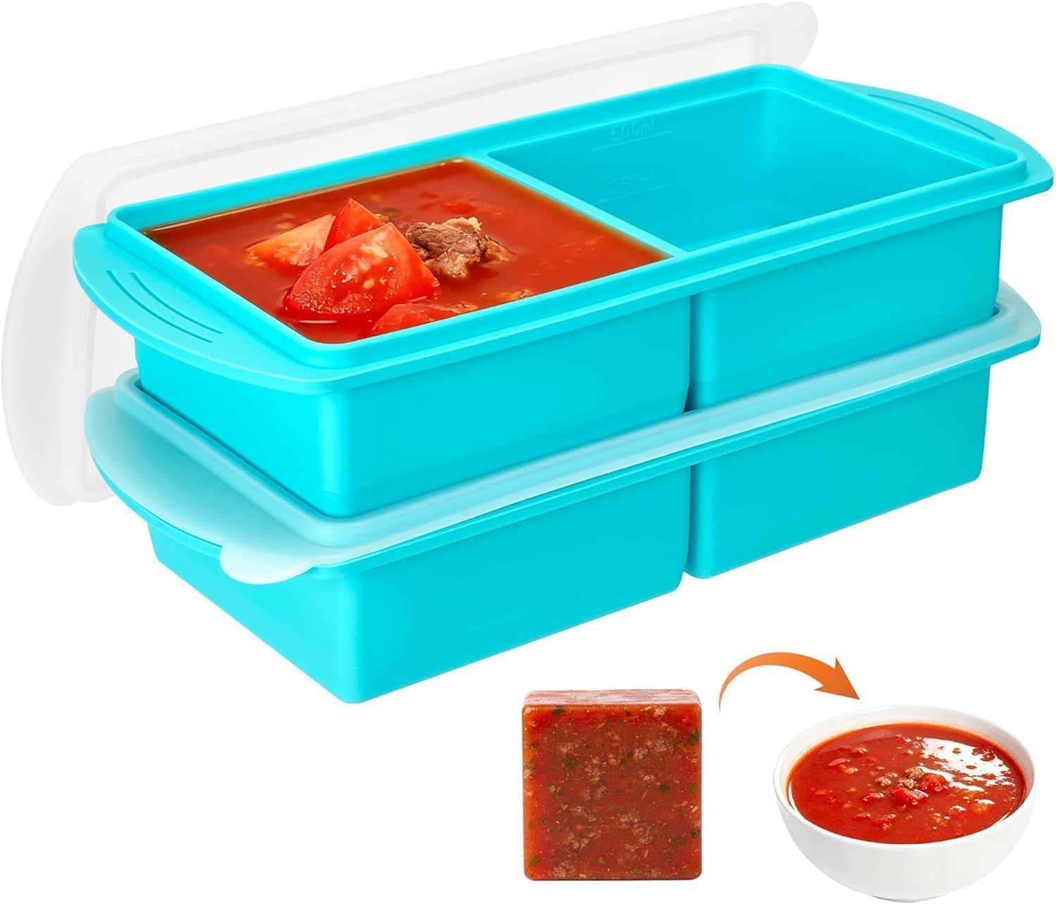 2 Pack Silicone Freezer Tray With Lid-Soup Freezer Container molds for Freezing, Meal Prep Soup Storage Containers, Ice Cube Tray for Sauce, 2-Compartment Freezer Container,Blue
