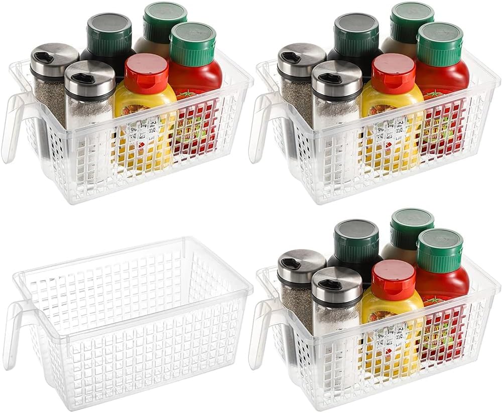 HYAVIA 4 Pack Plastic Storage Bins with Handle, BPA-Free Kitchen Pantry Cabinet Refrigerator Food Storage Organizer for Snacks, Food, Produce, Pasta