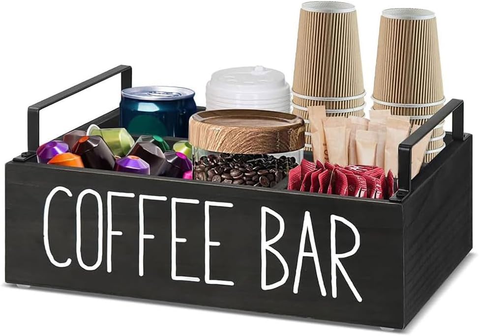 Rustic Wood Coffee Bar Organizer with Handles, Coffee Station Tray, Decorative Storage Caddy, Versatile Countertop Organizer for Pods, Creamer, Sugar & Accessories (Black)