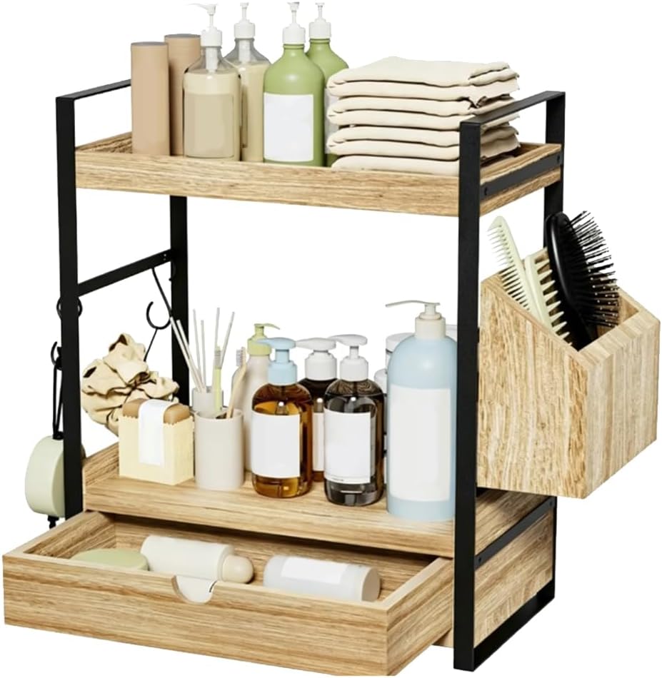 Bathroom Counter Organizer, 2-Tier with Drawer and Basket | Wood Countertop, Skincare Storage, Vanity Counter Shelf, Bathroom Organization