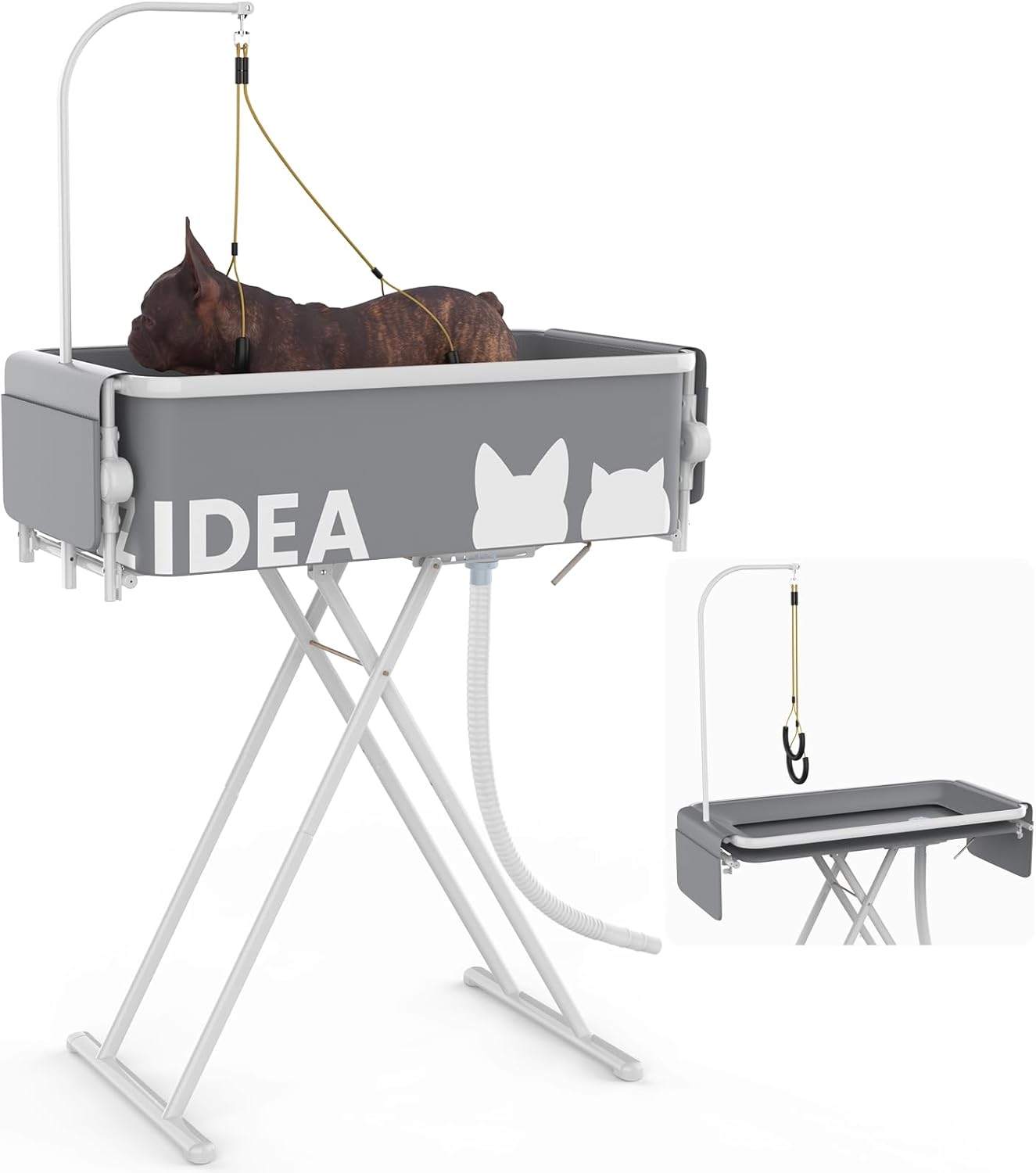 PAWZIDEA 2-in-1 Portable Dog Bathtub & Grooming Table, 33" Foldable Pet Washing Station for Small to Medium Dogs Cats up to 40lbs, 5 Height Adjustable Elevated Bath Tub Indoor Outdoor, Storage Pocket
