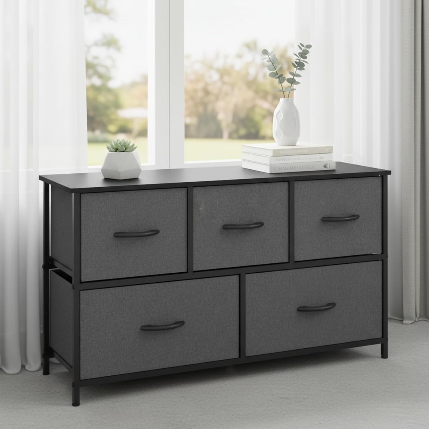 Modern Dresser with 5 Fabric Drawers, Chest of Drawers for Bedroom, Living Room, Hallway, Entryway, Tower Clothes Toys Tallboy Storage Unit Organizer, Grey