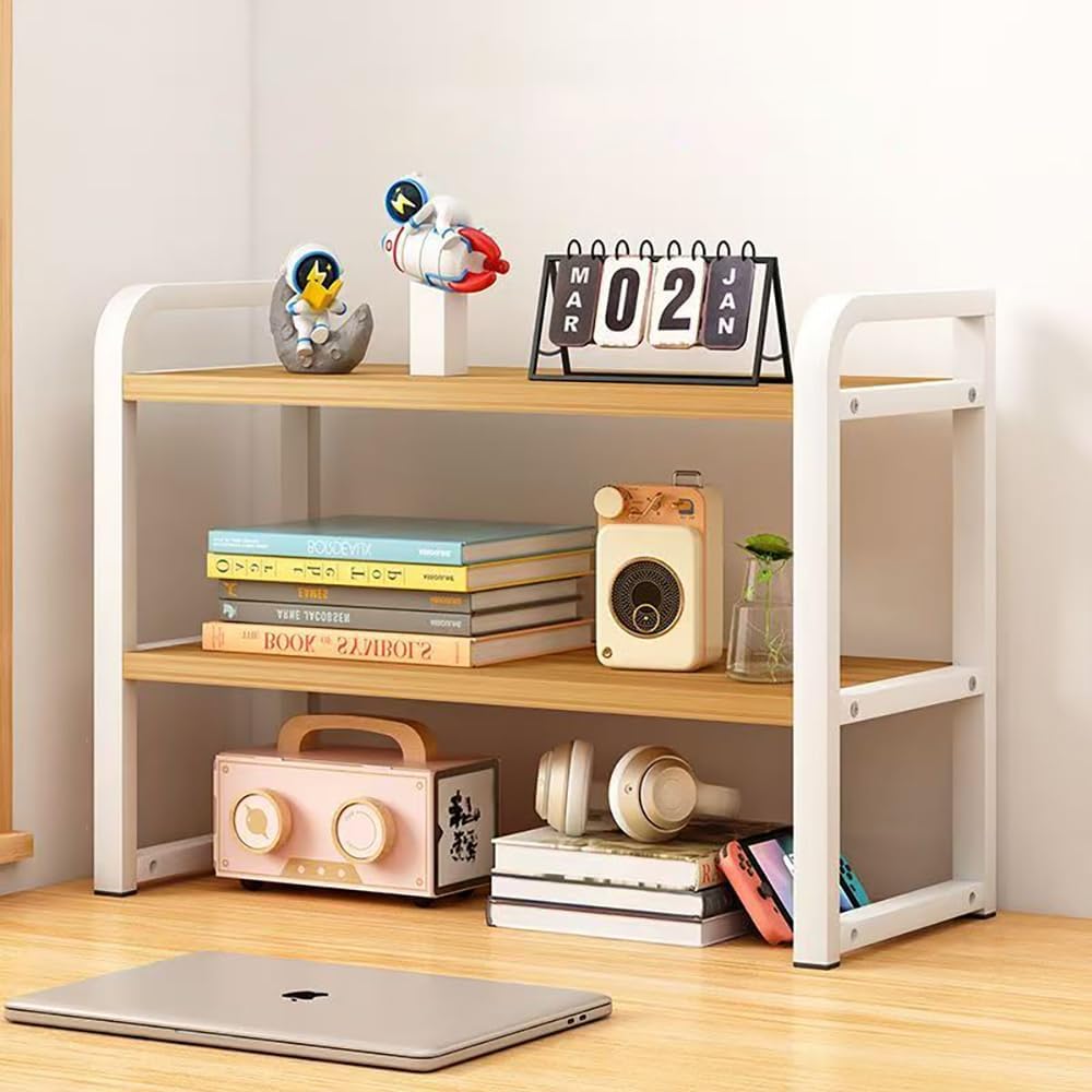 Hbluefat 2-Tier Adjustable Wooden Desktop Bookshelf Organizer Rack, Modern Desk Storage Shelf Unit, Space Saving Display Stand for Home Office Study Bedroom (Wood+White)