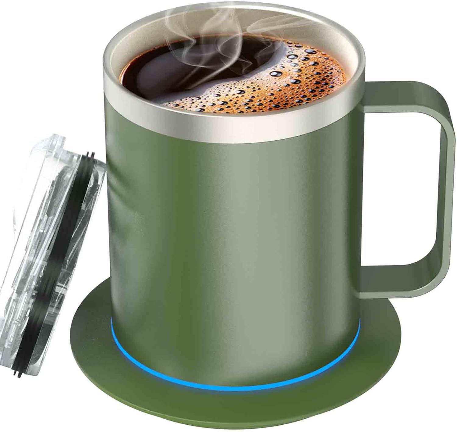 Heated Coffee Mug, USB Powered Heated Mug with Lid & Handle, Temperature Control Electric Coffee Cup Warmer(Green-12oz)