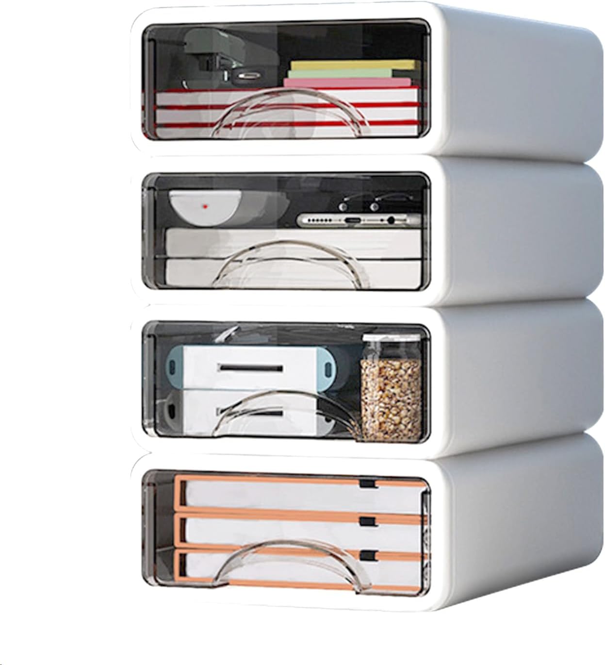DAWNTREES Stackable Office Storage Box with Drawers｜ Desk Storage Box with 4 Drawers｜Organize desk accessories Plastic desktop storage box，Desk accessories (4S)