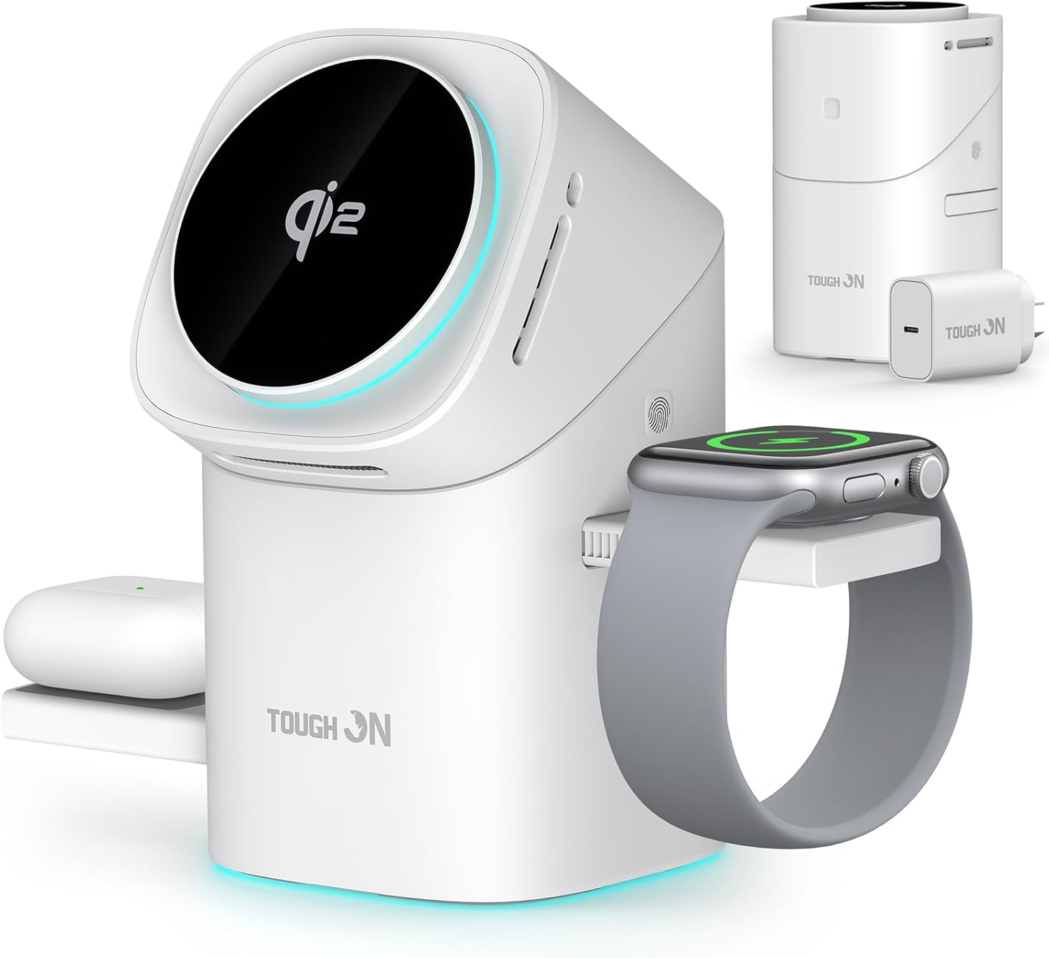 TOUGH ON MagPro Qi2 3 in 1 Wireless Charger, Compatible with MagSafe Fast Charging Station, Qi2 Certified 15W Charging Stand Touch Control for iPhone 17/16/15/14/13/12, Apple Watch & AirPods, White