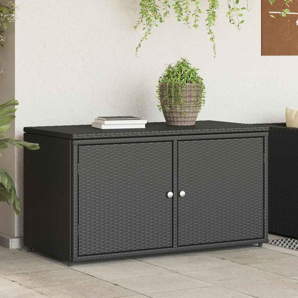 Garden Storage Cabinet Black PE Rattan with Powder-Coated Steel Frame 110x55x60.5 cm Outdoor Weather Resistant Lockable Organizer for Patio Backyard Poolside