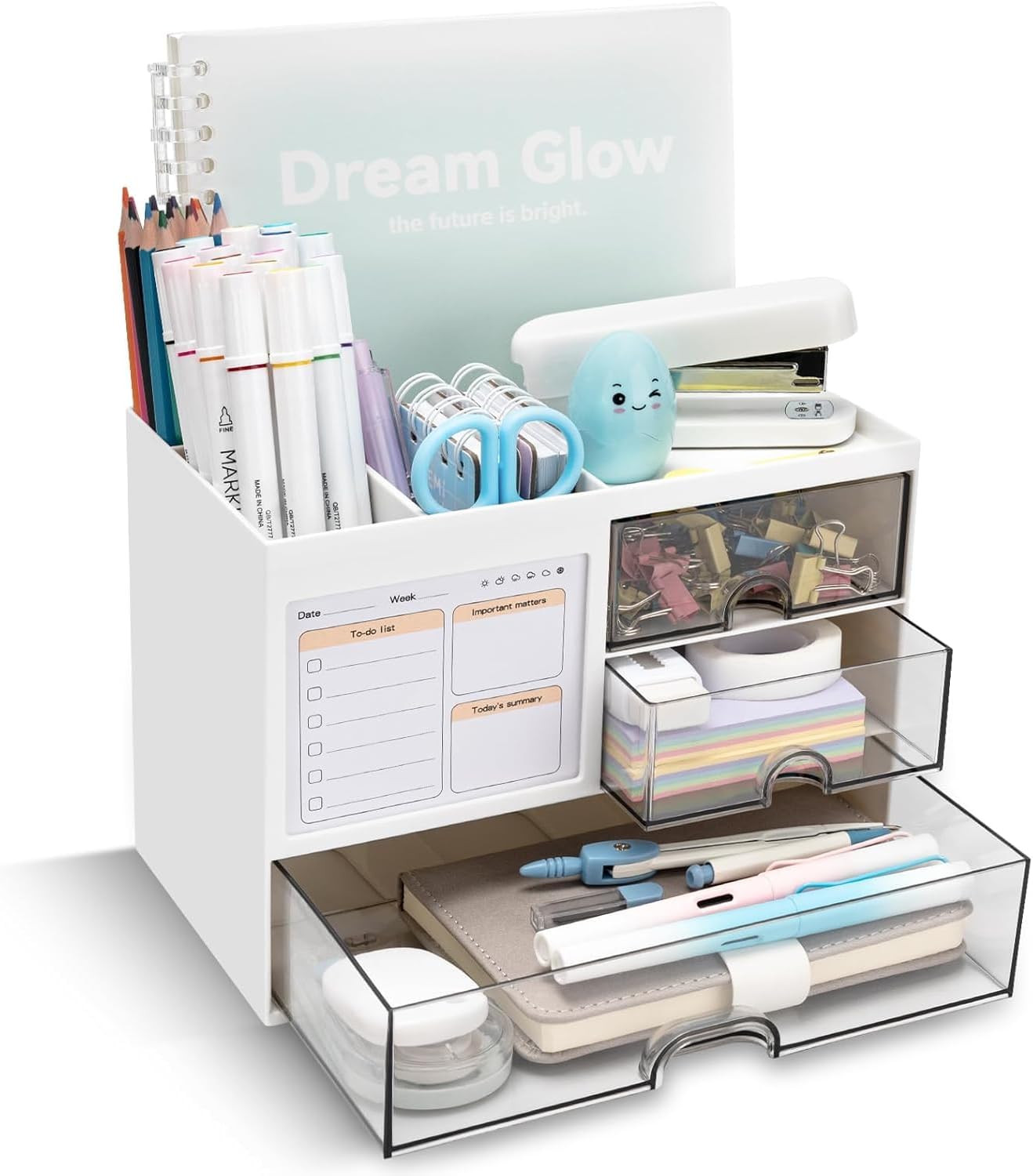 Desk Organizer with 3 Drawers, 5 Compartments Multi-Functional Pencil Pen Holder, Desktop Storage Organiser for Office Home Art Supplies, Sturdy ABS Plastic Desk Tidy for Stationery, Makeup