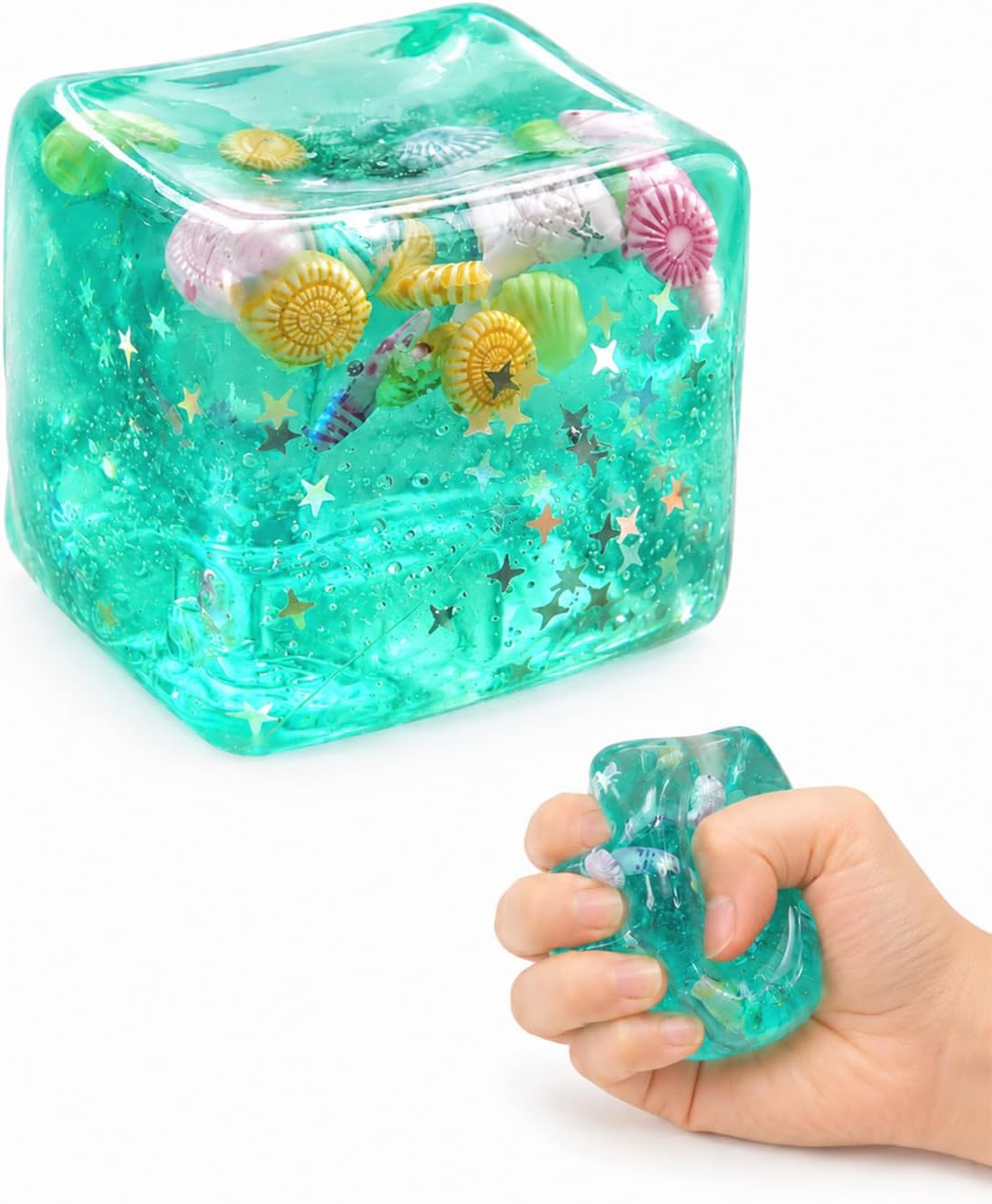 Ice Cube Stress Ball, Squishy Cube with Ocean Seashell Fillers, Soft Slow Rise Squeeze for Adults, Desk Stress Relief for Office and Home (Green)