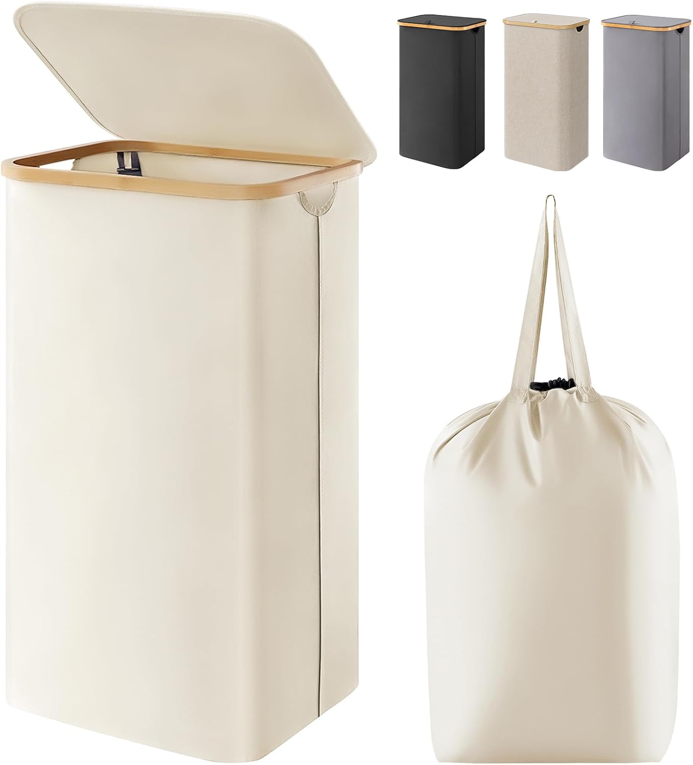 Lifewit Collapsible Laundry Basket with Lid, Large Laundry Hamper with Bamboo Handles and Removable Laundry Bag, Clothes Washing Basket Storage for Bathroom, Bedroom, Dorm, 100L, White