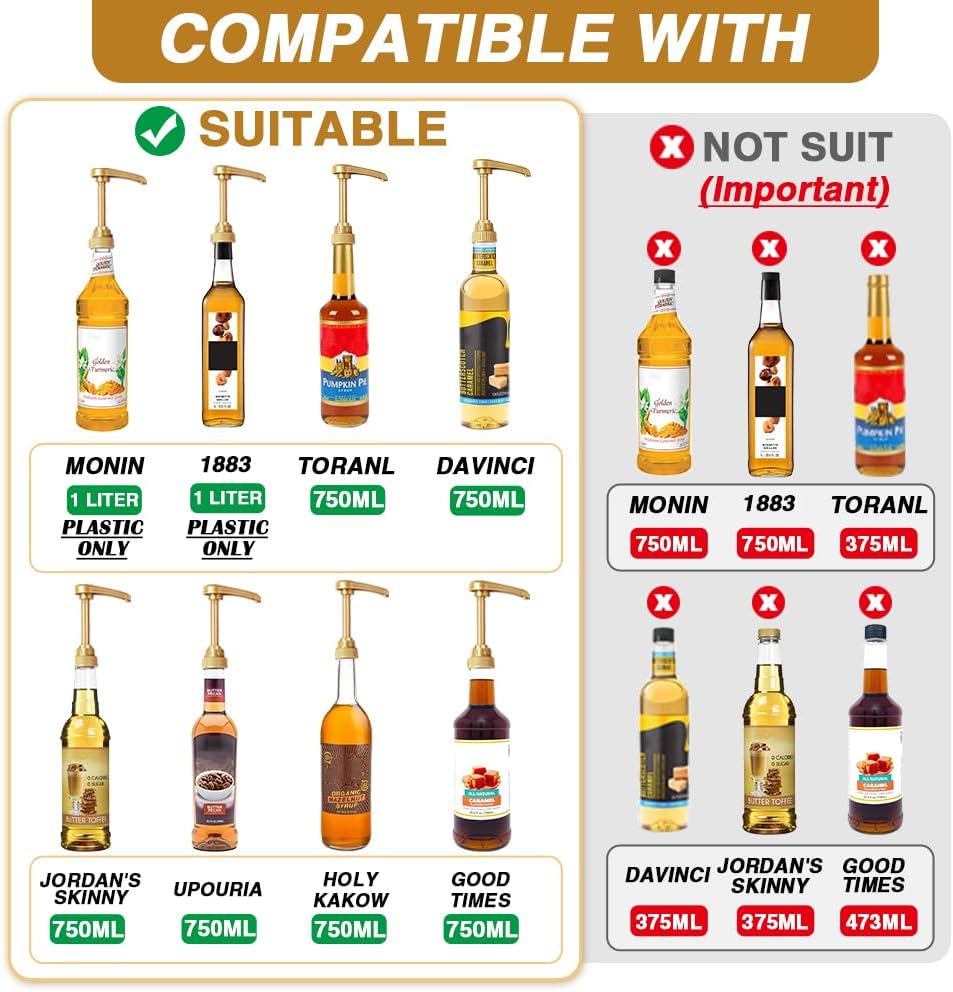 Premium 8 Packs Coffee Syrup Pump Dispenser, Fits 25.4 Oz/750ml Coffee Flavoring Syrup Bottles, No Dripping, Great for Home & Coffee Bar Drinking Mixes,Tea,Beverage,Free Spoons(Gold,5.23")