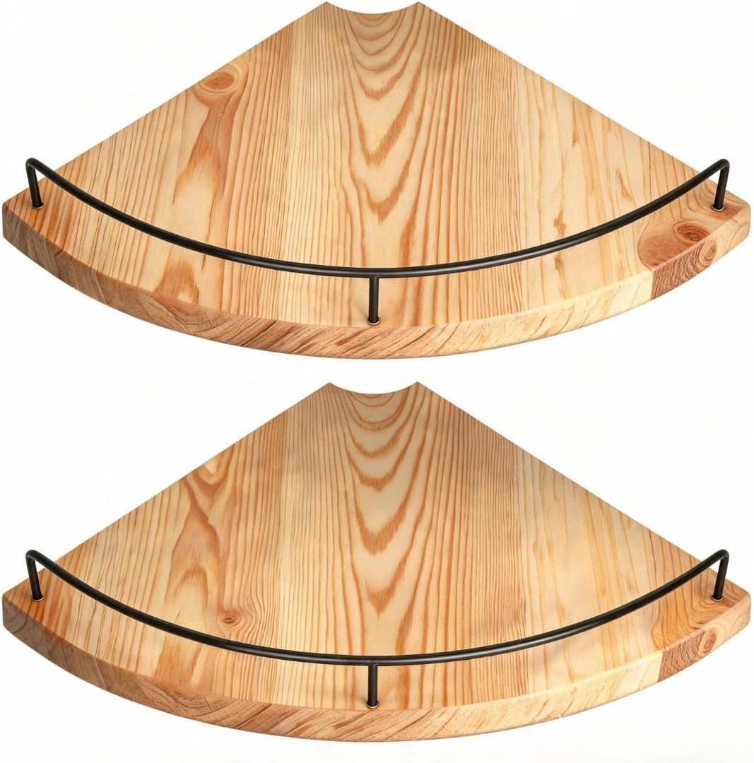 Wooden Floating Corner Shelf Wall Mounted Set of 2 - Wood Wall Shelf Corner with Guard Rail for Room Decor, Kitchen, Bathroom & Bedroom Storage Organizer (Natural)