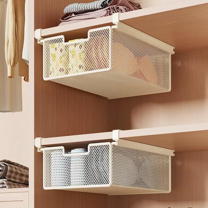 2 Pack Pull-Out Cabinet Closet Organizer Baskets, Hanging Under Shelf Drawer Storage Box for Closet, Wardrobe, Underwear, Socks, Panties, 38×25×12cm, Space-Saving, White Mesh