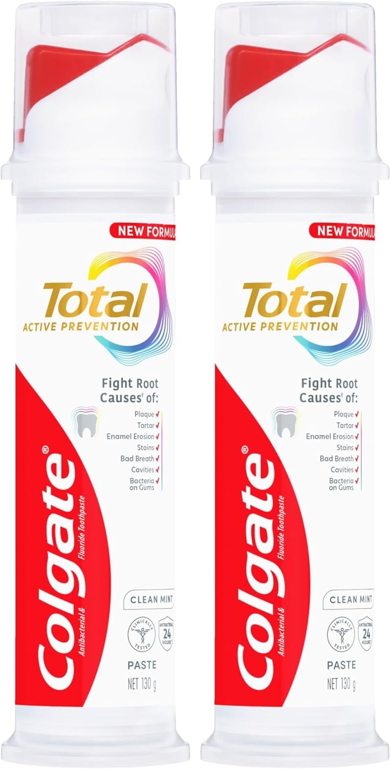 Colgate Total Active Prevention Toothpaste Pump Clean Mint 130g (Pack of 2)