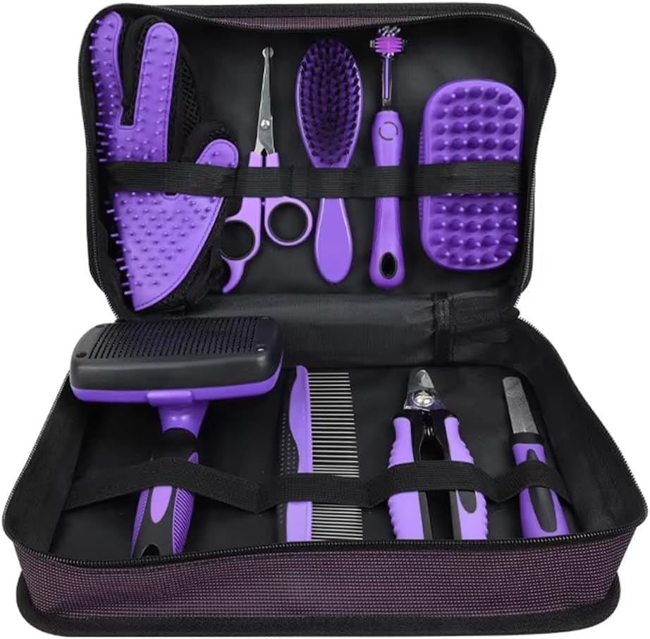 AIMALL 9-Piece Pet Grooming Kit with Self-Cleaning Slicker Brush, Deshedding Glove, Nail Clippers, Scissors & Comb Set, 11.81 x 7.95 x 3.54in Travel Case for Dogs Cats