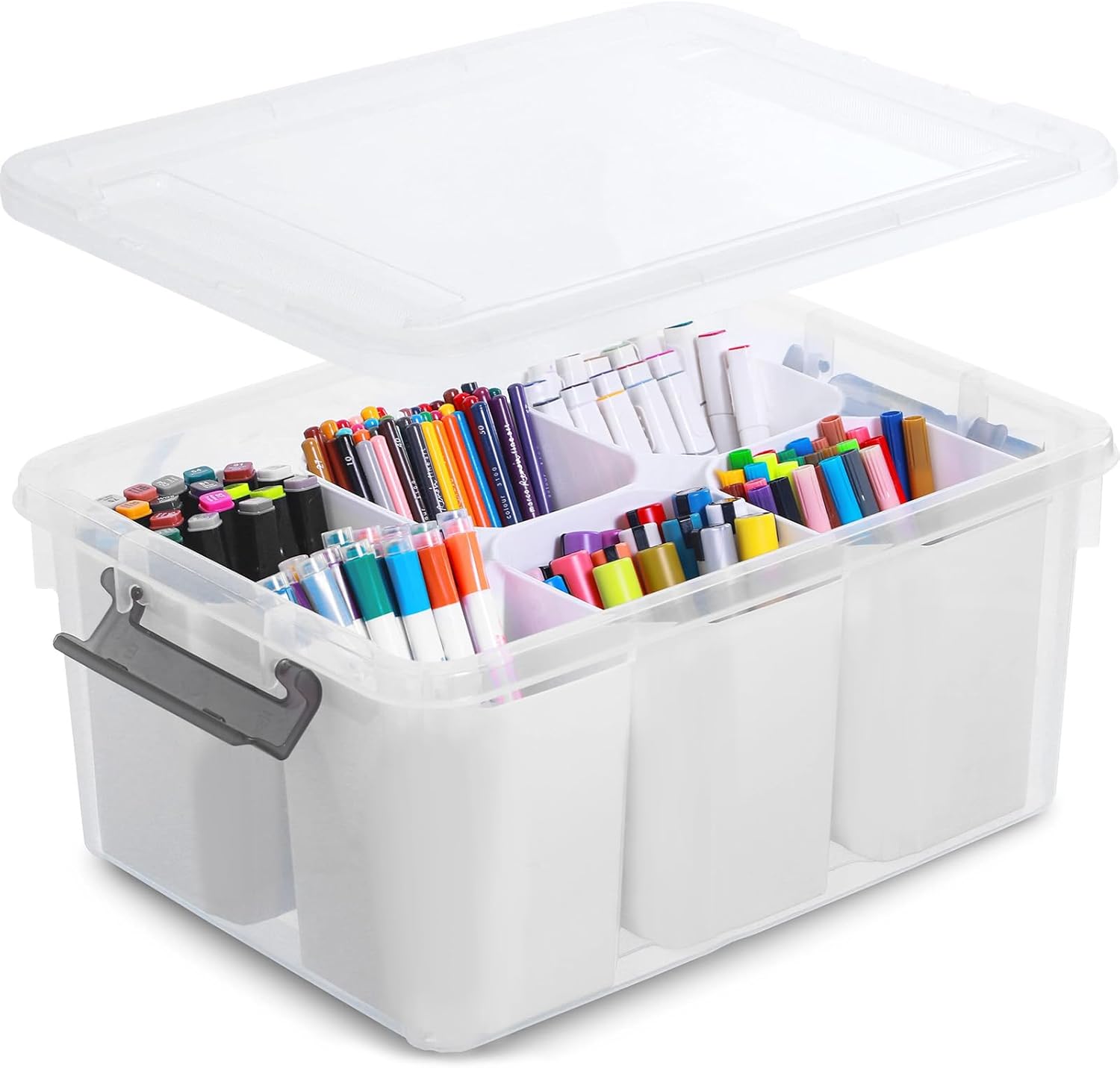 17QT Clear Plastic Storage Bins with Lids – Stackable Multipurpose Storage Container with Handle & Dividers, Transparent Organizer Box for Art Supplies, Office Tools, Sewing, Toys, Cosmetics, Crayons