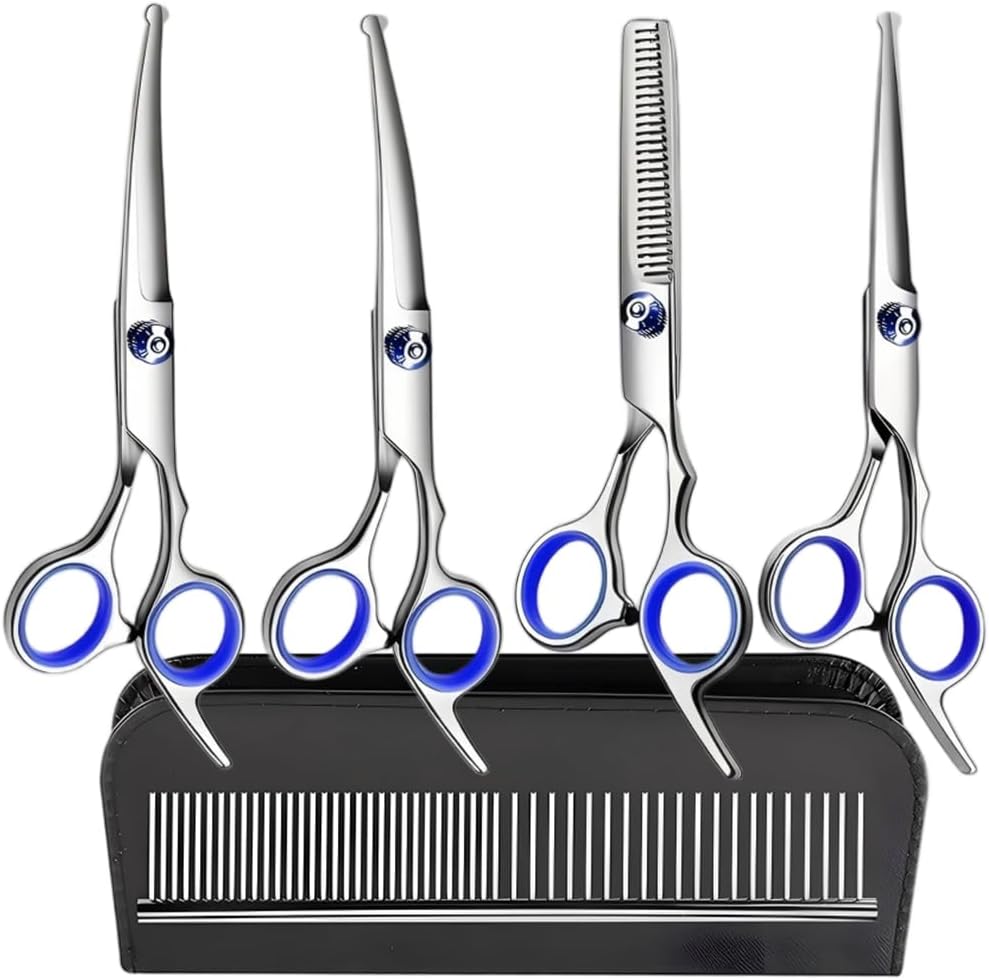 5-in-1 Upgraded Dog Grooming Scissors Set, Stainless Steel, with Safety Round Tips, Thinning Shear, Curved Scissor and Pet Comb