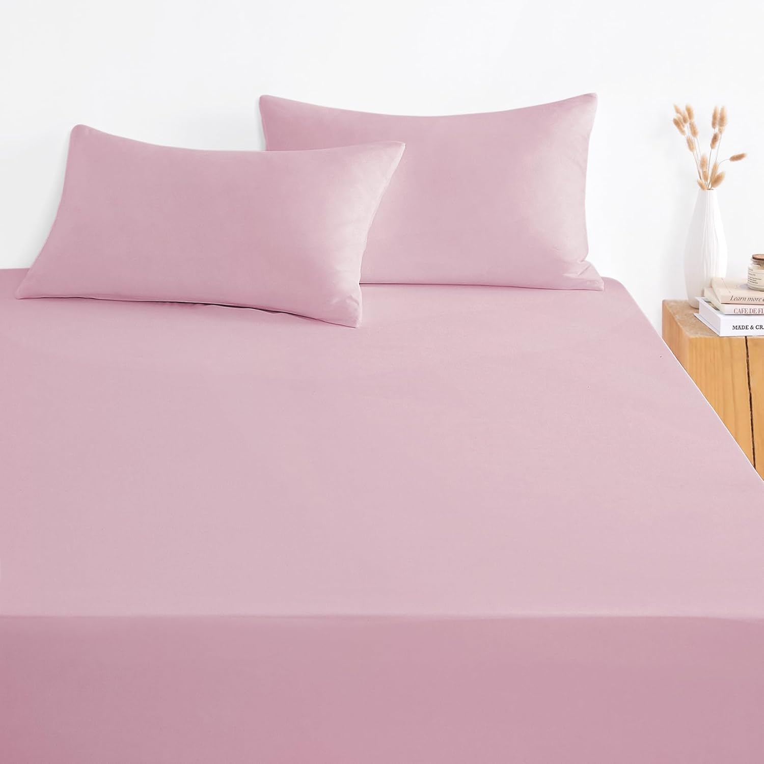 Wake In Cloud - Queen Fitted Sheet Set, 1000TC Ultra Soft Microfiber Bedding, Extra Deep Fitted Sheet & 2 Pillowcases, 3 Pieces, Dusty Pink, Queen Size
