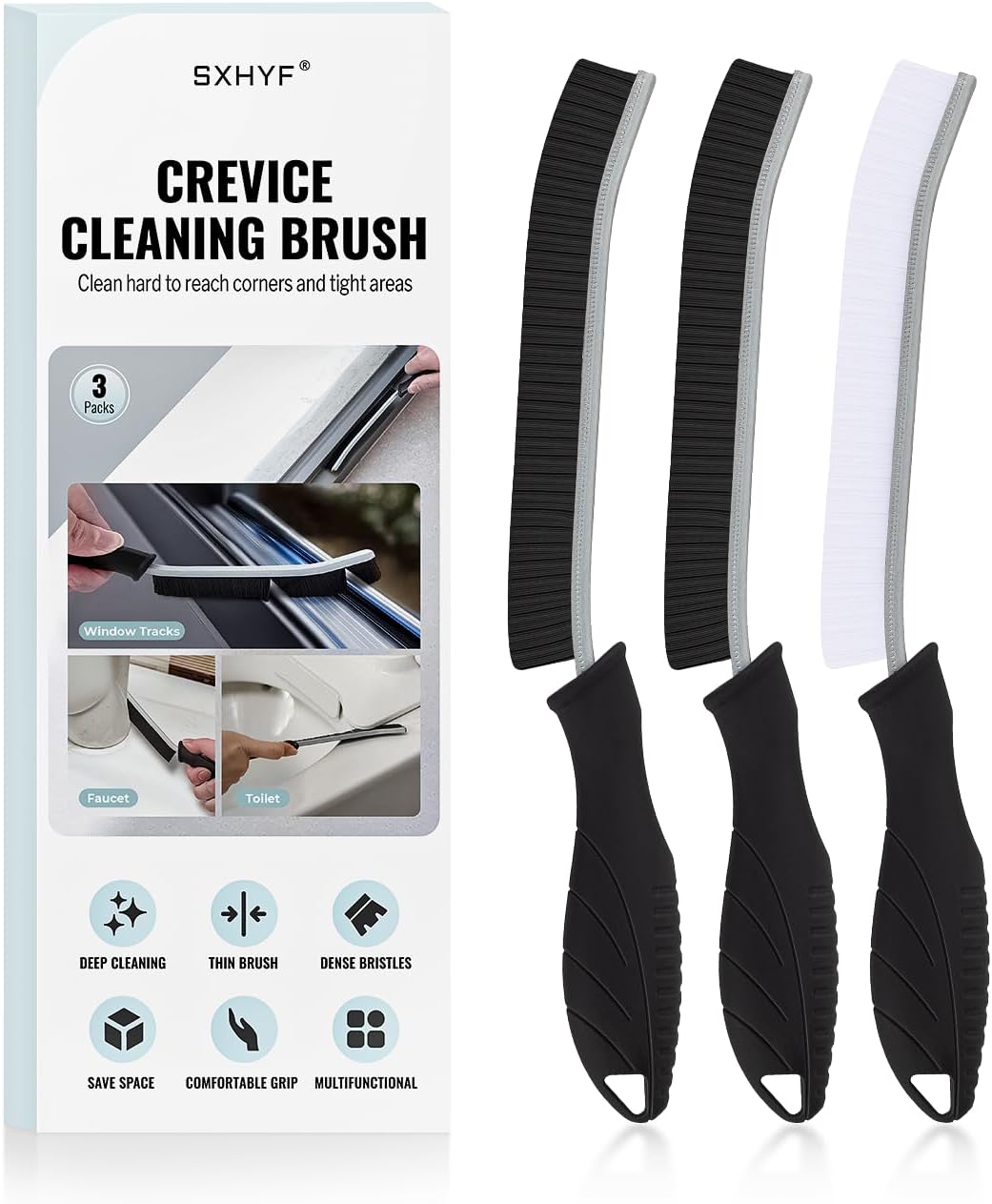 SXhyf Cleaning Brush - Hard Bristle Crevice Cleaning Brush, Multifunctional Gap Cleaning Scrub Brush, Cleaning Tools for Household Use, Home, Kitchen, Bathroom, Window, Vehicle, (3, Black)
