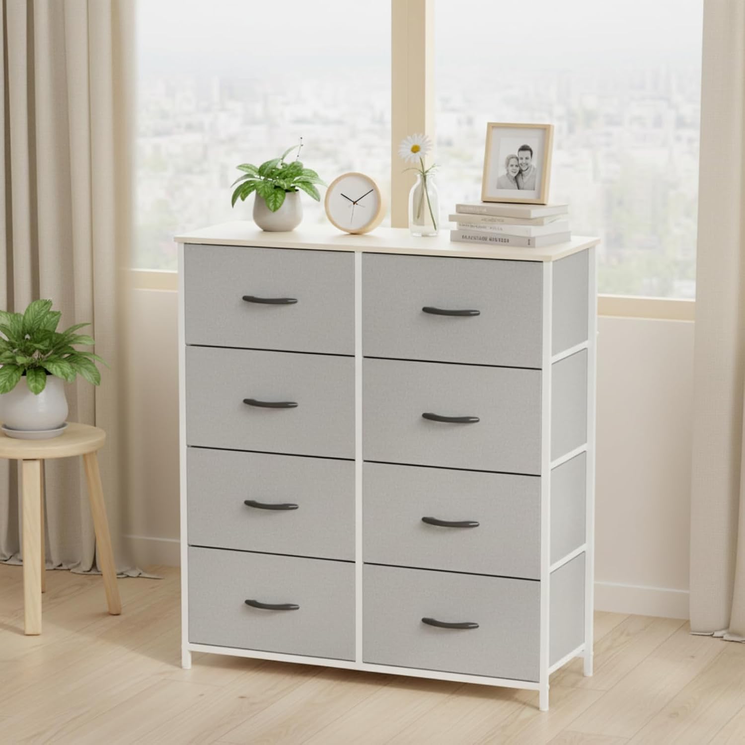 Tallboy Dresser with 8 Fabric Drawers, Chest of Drawers Storage Cabinet for Organizing Clothes and Toys, Storage Unit for Bedroom, Living Room, Hallway, Entryway, Office, Grey& Beige